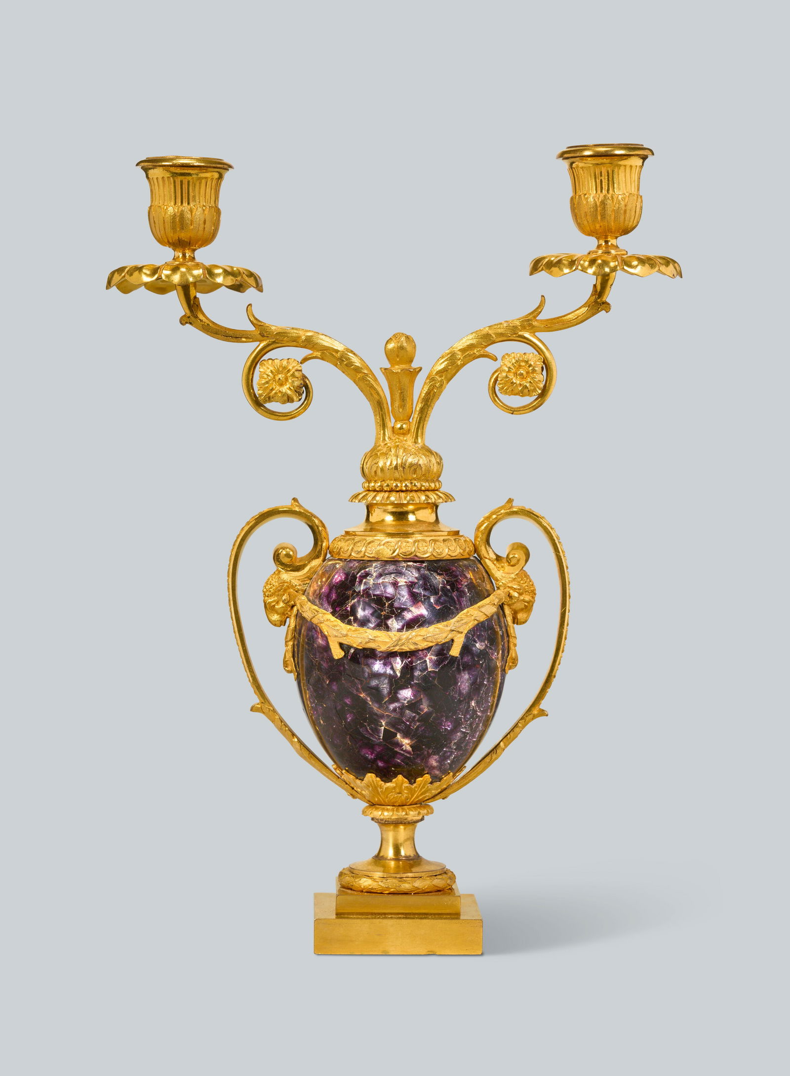 A GEORGE III ORMOLU-MOUNTED BLUE JOHN TWO-LIGHT VASE CANDELABRUM BY MATTHEW BOULTON, CIRCA 1770 (1 of 8)