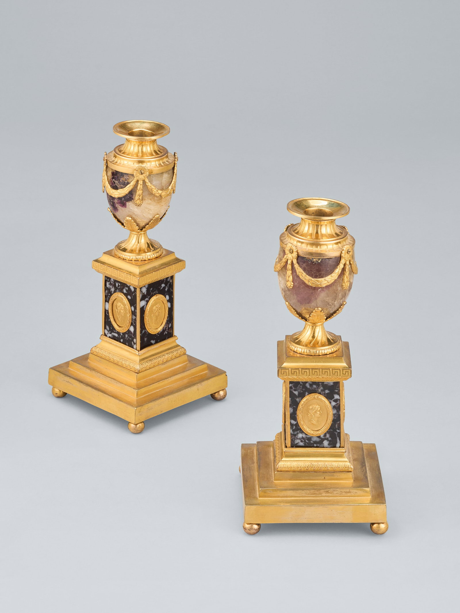 A PAIR OF GEORGE III ORMOLU-MOUNTED BLUE JOHN AND GLASS ‘CLEOPATRA’ CANDLE-VASES BY (1 of 8)