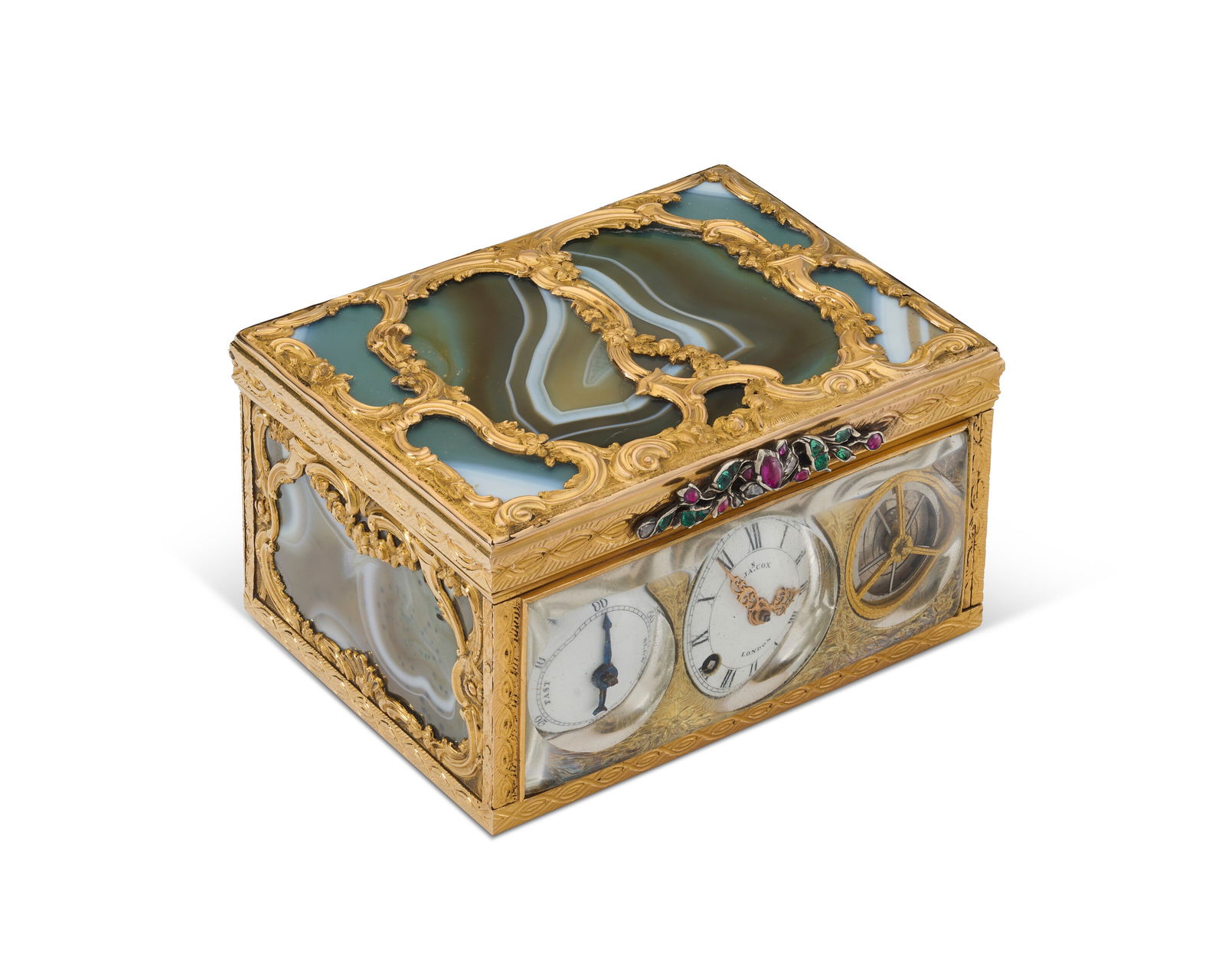 A GEORGE III GEM-SET AND GOLD-MOUNTED AGATE SNUFF BOX SET WITH WATCH AND AUTOMATON LONDON, CIRCA (1 of 4)