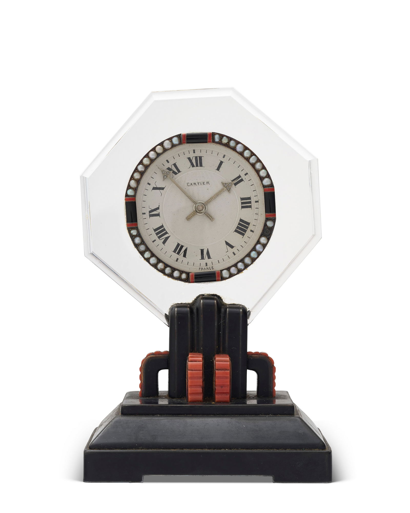A CARTIER ART DECO CORAL, DIAMOND AND ENAMEL ROCK CRYSTAL TABLE CLOCK PARIS, CIRCA 1925 (1 of 4)