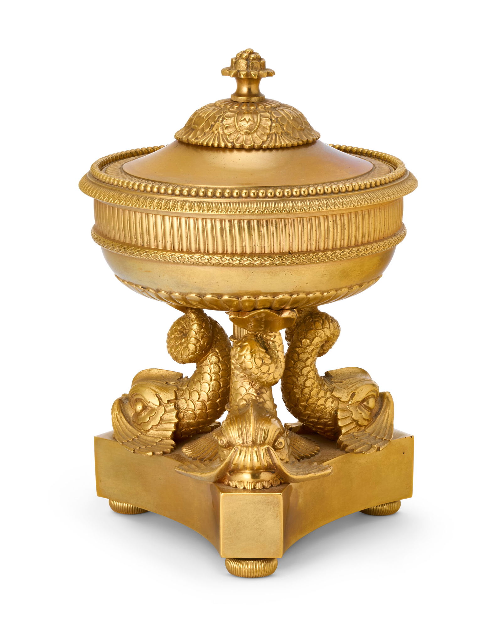 A REGENCY STYLE ORMOLU INKSTAND IN THE MANNER OF VULLIAMY & SON, POSSIBLY EARLY 19TH CENTURY AND (1 of 3)