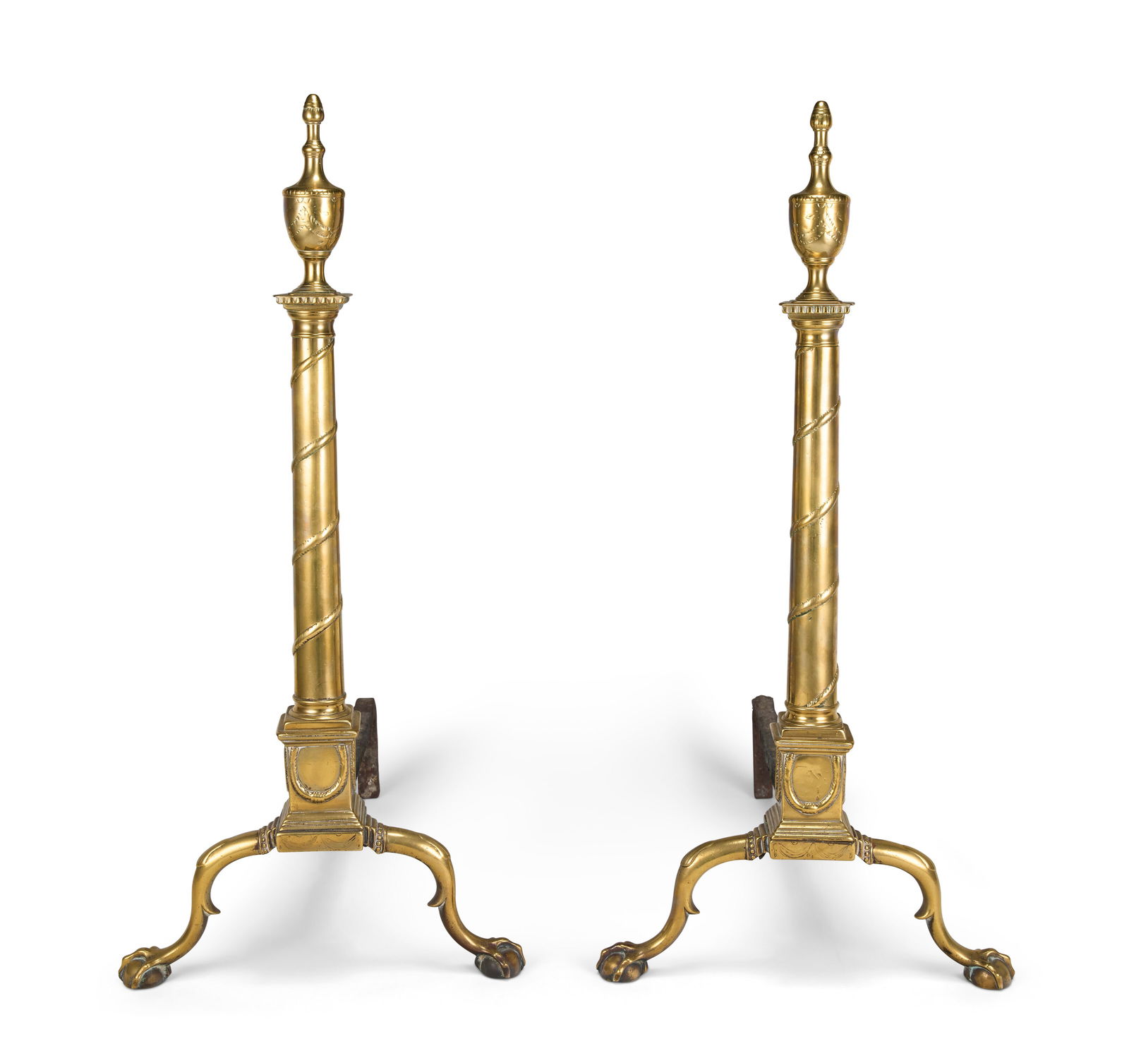 A PAIR OF FEDERAL BRASS ANDIRONS ATTRIBUTED TO DANIEL KING, SR. (1731-1806) OR DANIEL KING, JR. (1 of 2)