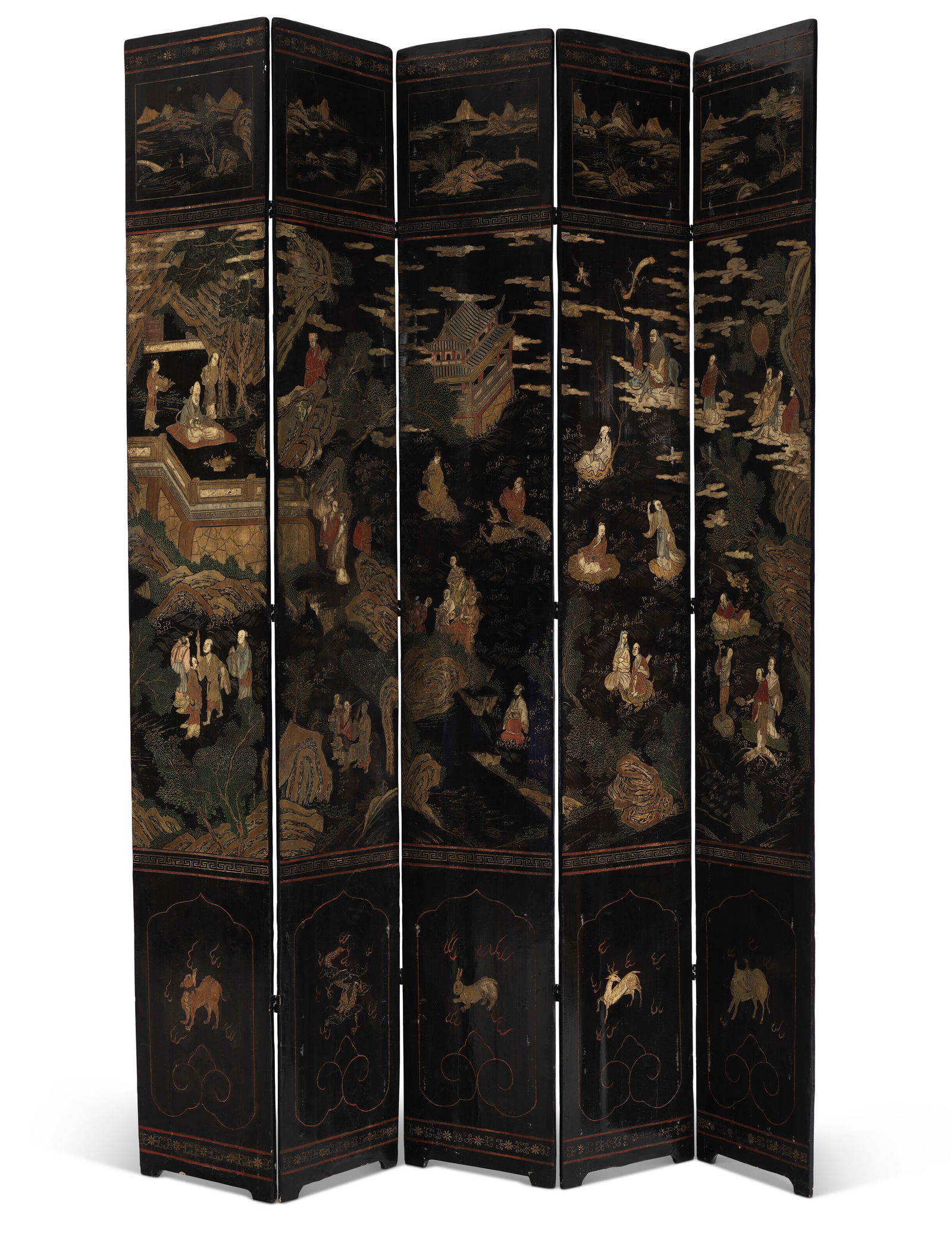 A CHINESE EXPORT BLACK AND POLYCHROME COROMANDEL LACQUER FIVE-PANEL SCREEN 18TH/19TH CENTURY (1 of 4)