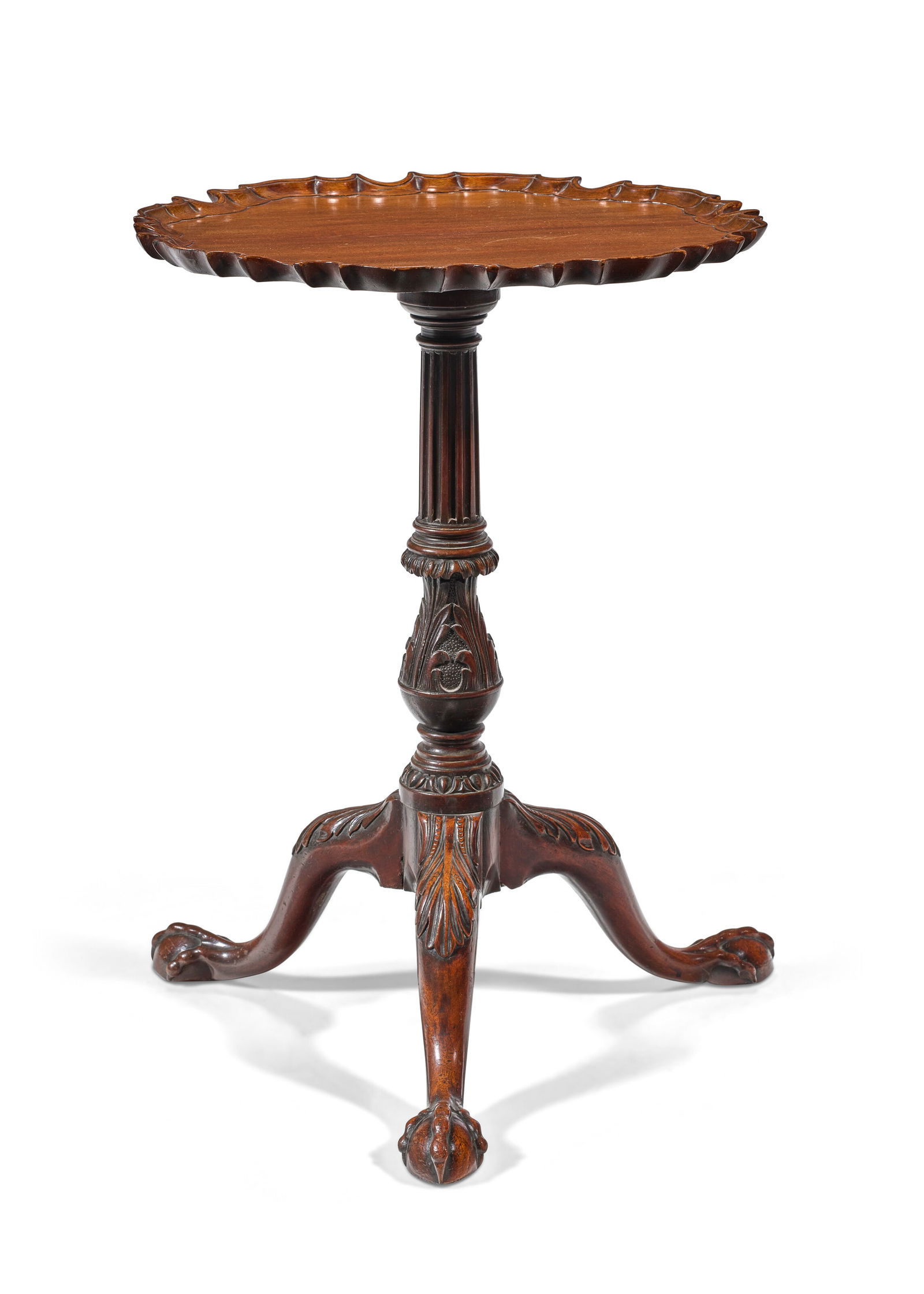 A GEORGE III MAHOGANY TRIPOD TABLE CIRCA 1760, ALTERATIONS: A GEORGE III MAHOGANY TRIPOD TABLE CIRCA 1760, ALTERATIONS Details The shaped dished top on fluted and baluster stem with foliate cabriole legs and claw feet, inscribed '11594' to underside of top 27
