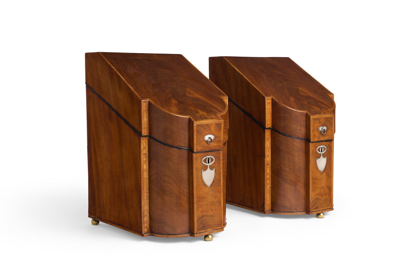 A PAIR OF LATE GEORGE III SILVER-MOUNTED, TULIPWOOD-BANDED, AND LINE-INLAID MAHOGANY KNIFE BOXES (1 of 4)
