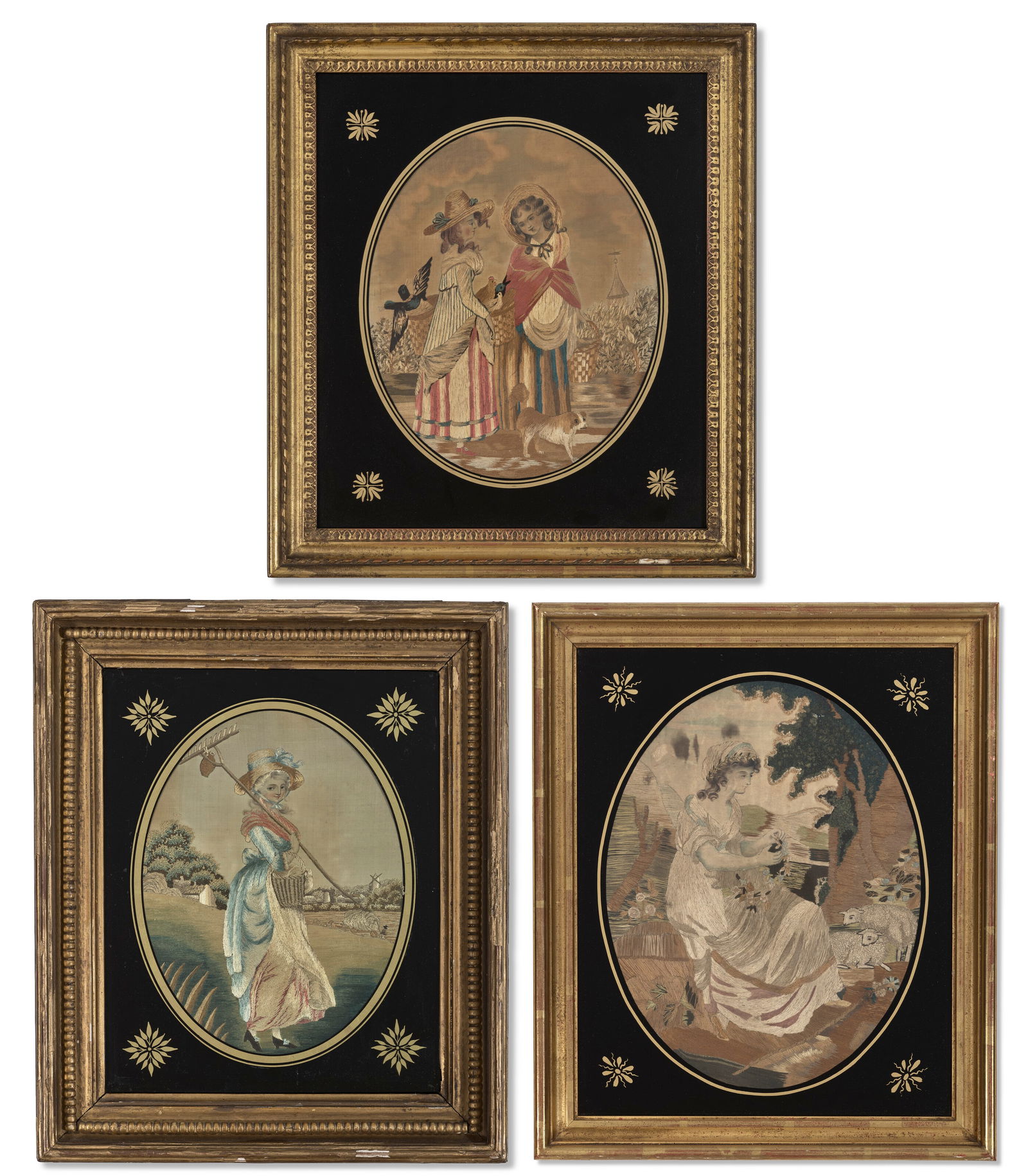A GROUP OF THREE GEORGE III OVAL SILK-EMBROIDERED PICTURES EARLY 19TH CENTURY (1 of 7)