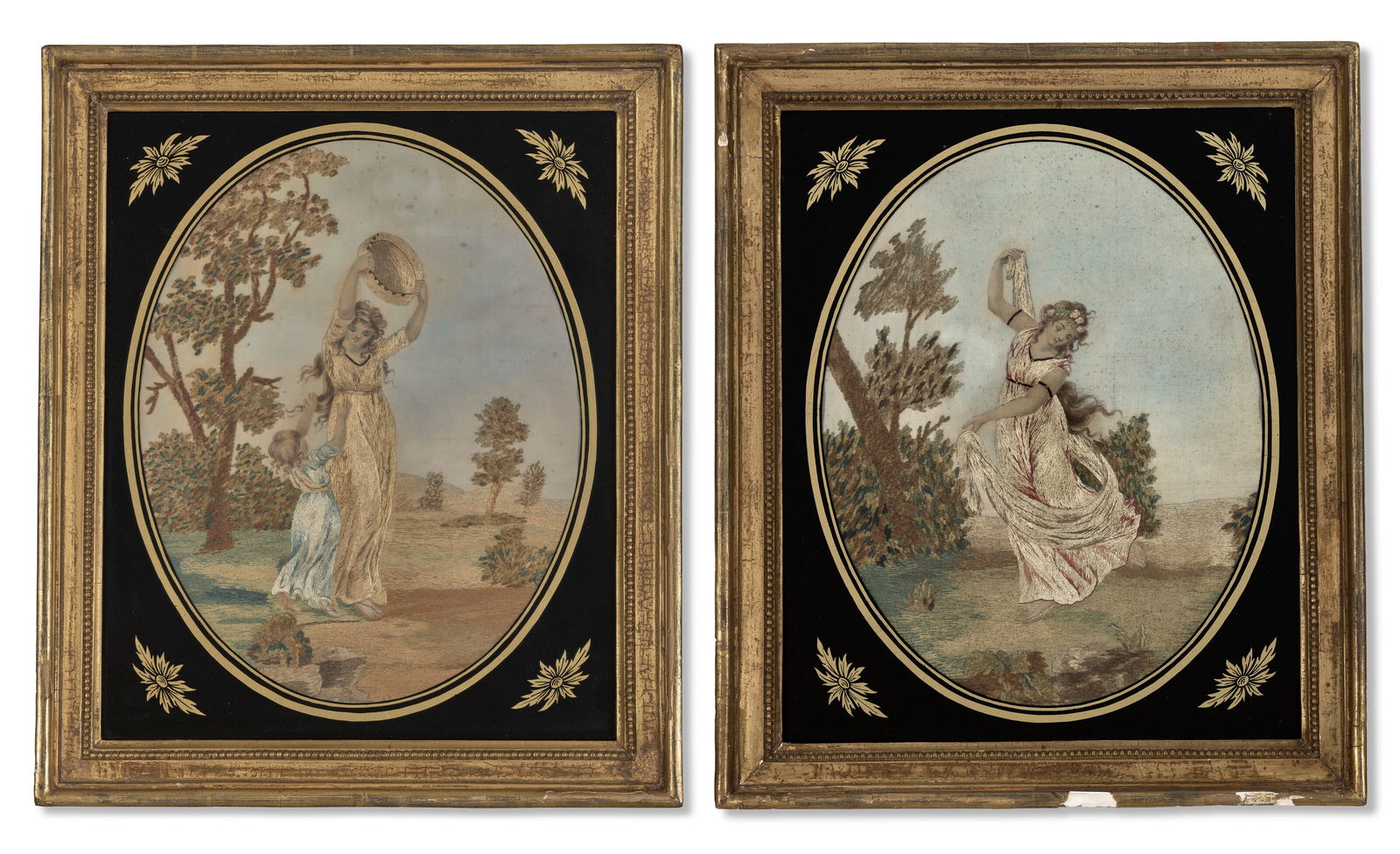A PAIR OF GEORGE III OVAL SILK-EMBROIDERED PICTURES EARLY 19TH CENTURY (1 of 3)
