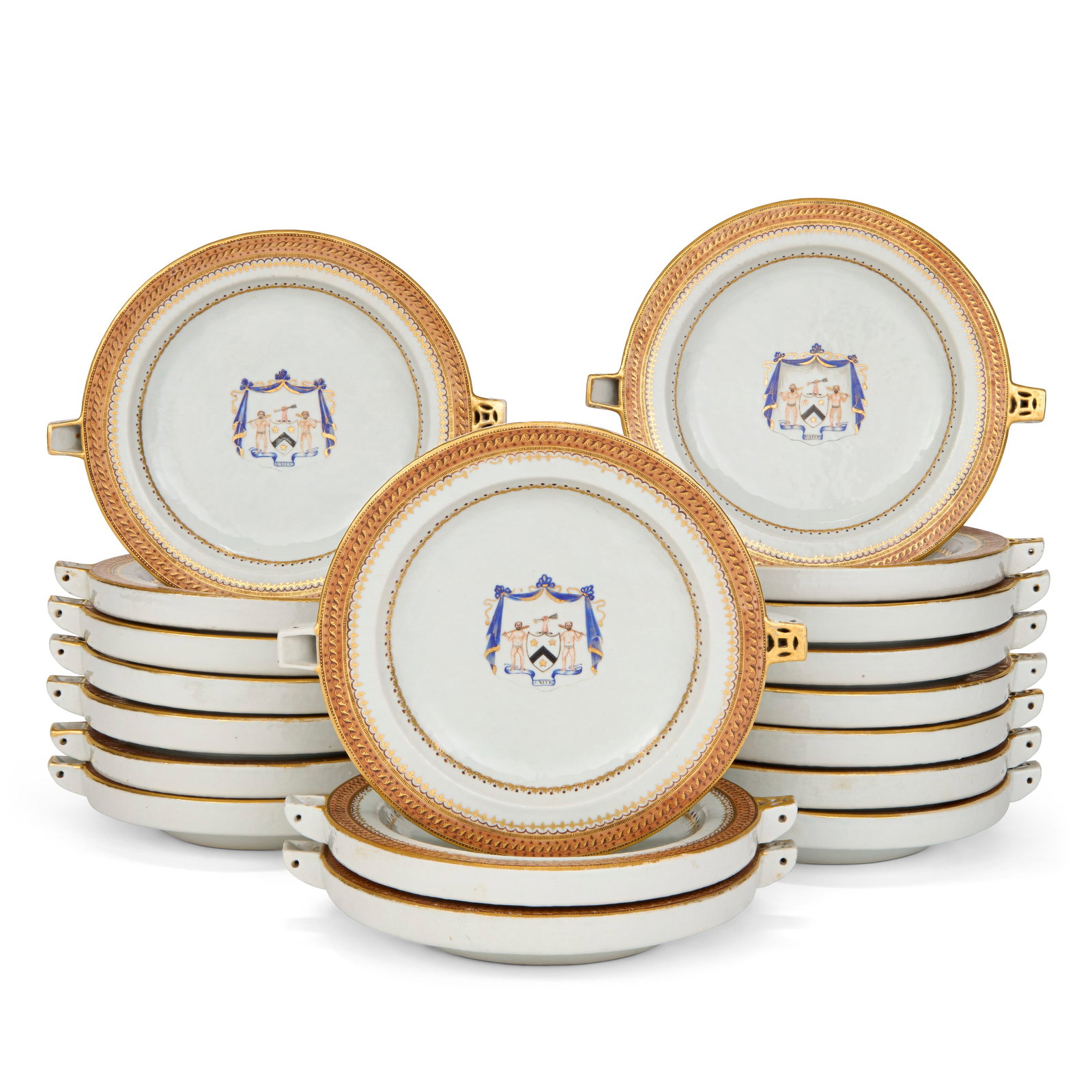 EIGHTEEEN CHINESE EXPORT PORCELAIN ARMORIAL ‘WARMING’ PLATES JIAQING PERIOD, CIRCA 1800 (1 of 3)