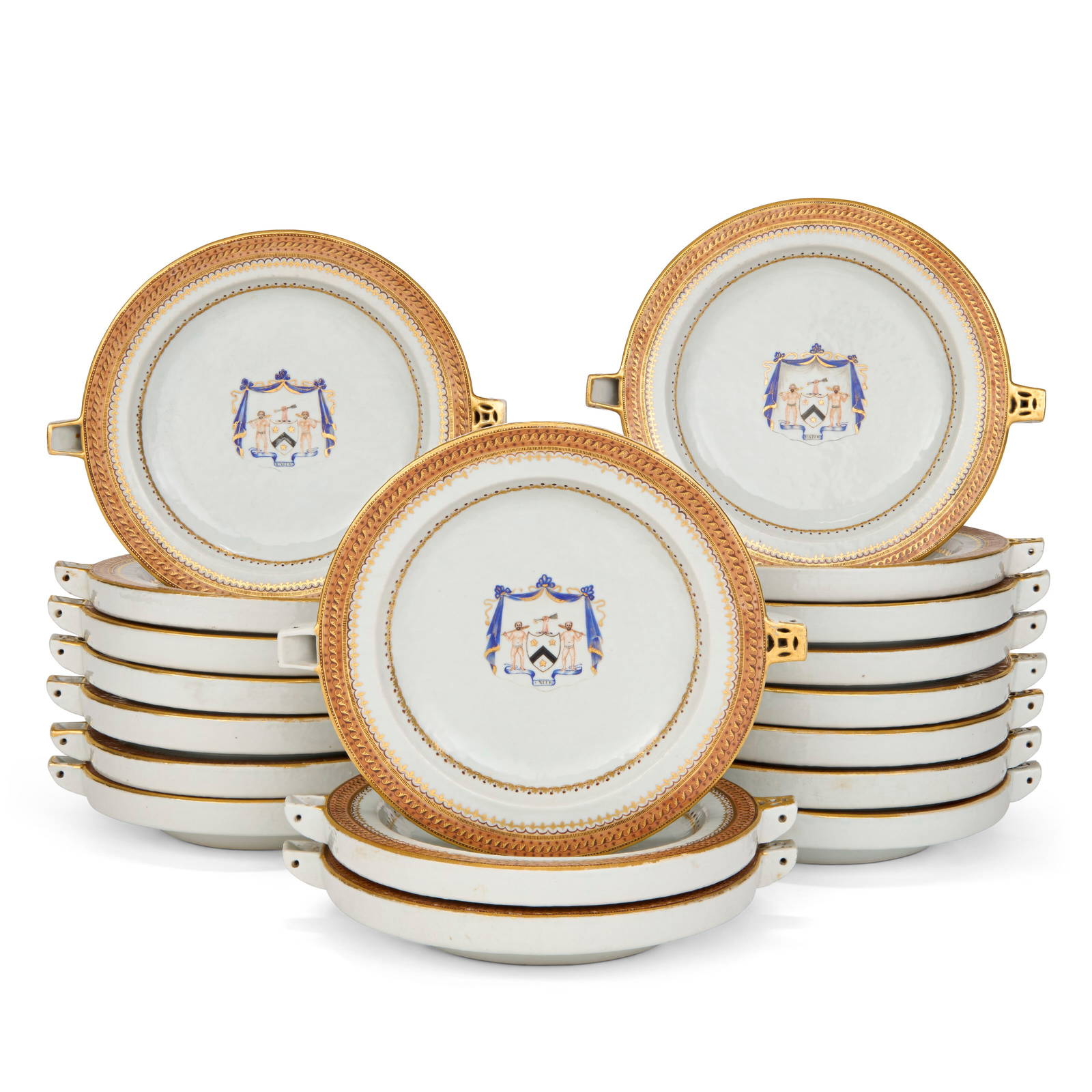 EIGHTEEEN CHINESE EXPORT PORCELAIN ARMORIAL ‘WARMING’ PLATES JIAQING PERIOD, CIRCA 1800