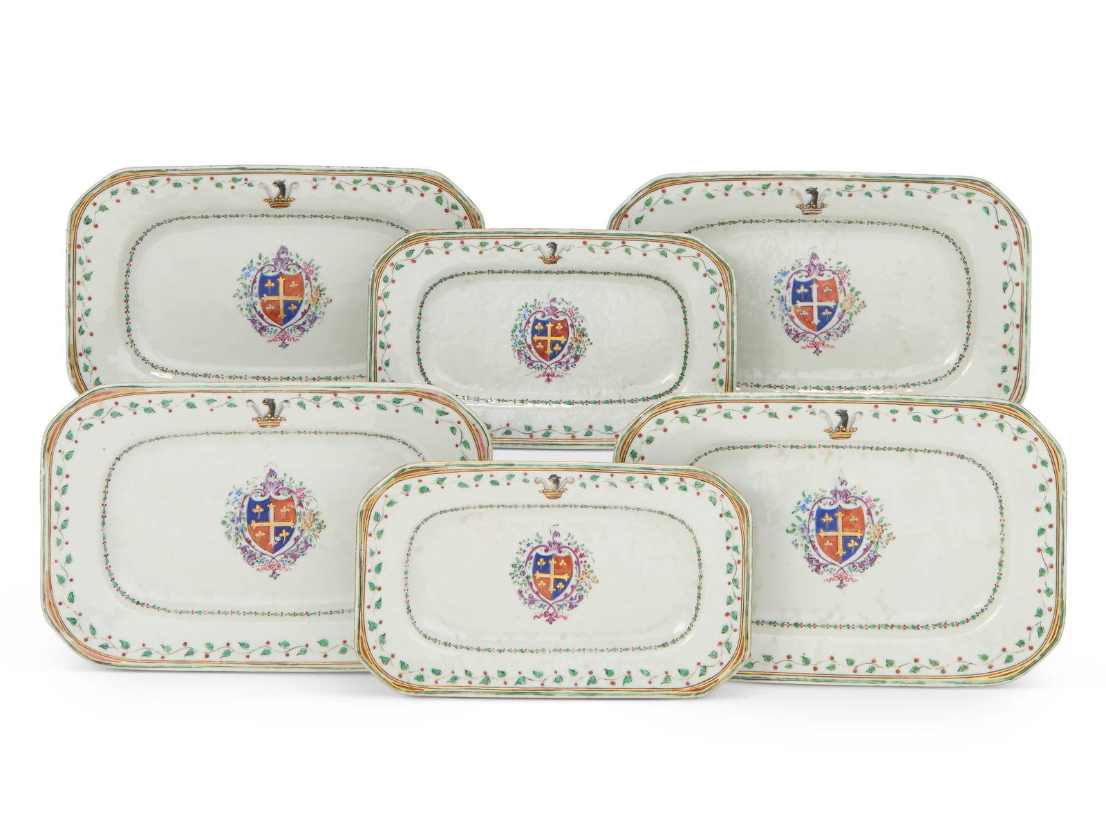 SIX SMALL CHINESE EXPORT PORCELAIN ‘ENGLISH MARKET’ ARMORIAL DISHES QIANLONG PERIOD,