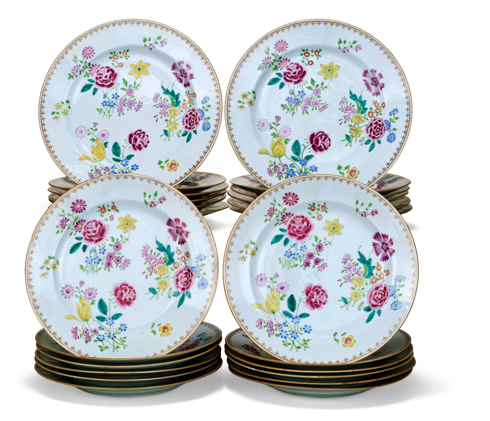 A SET OF TWENTY-THREE CHINESE EXPORT PORCELAIN FAMILLE ROSE CHARGERS QIANLONG PERIOD (1736-1795)