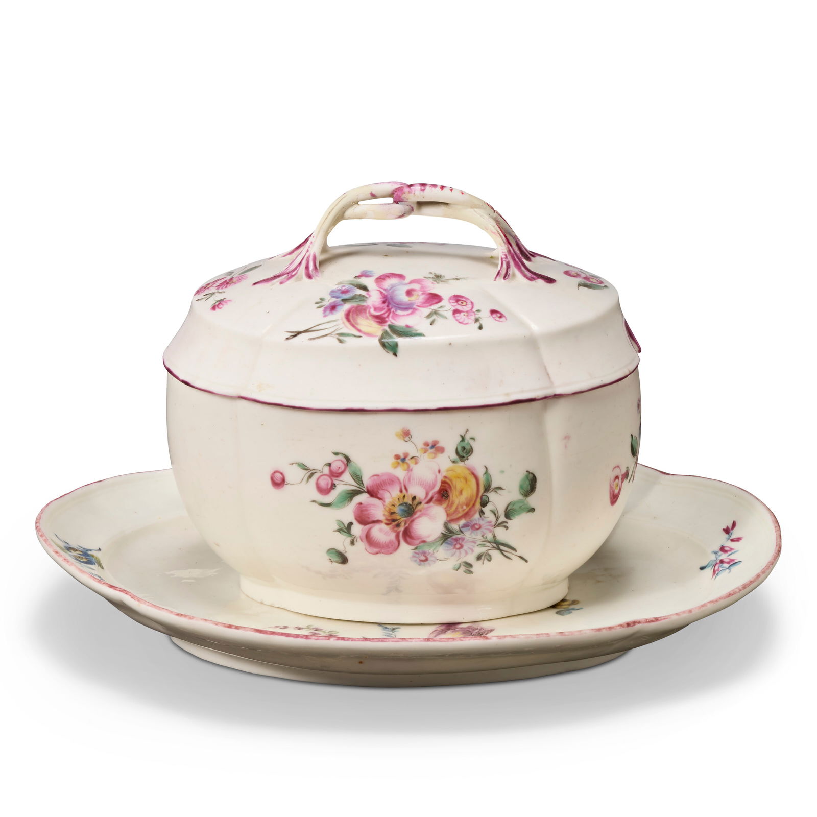 A MENNECY PORCELAIN QUATREFOIL OVAL SUGAR BOWL, COVER AND STAND CIRCA 1750, INCISED RESPECTIVELY: A MENNECY PORCELAIN QUATREFOIL OVAL SUGAR BOWL, COVER AND STAND CIRCA 1750, INCISED RESPECTIVELY D,V, AND P,3,, SCRIPT LOWERCASE F34, AND DVP Details Painted in a typical Mennecy pink palette with loo