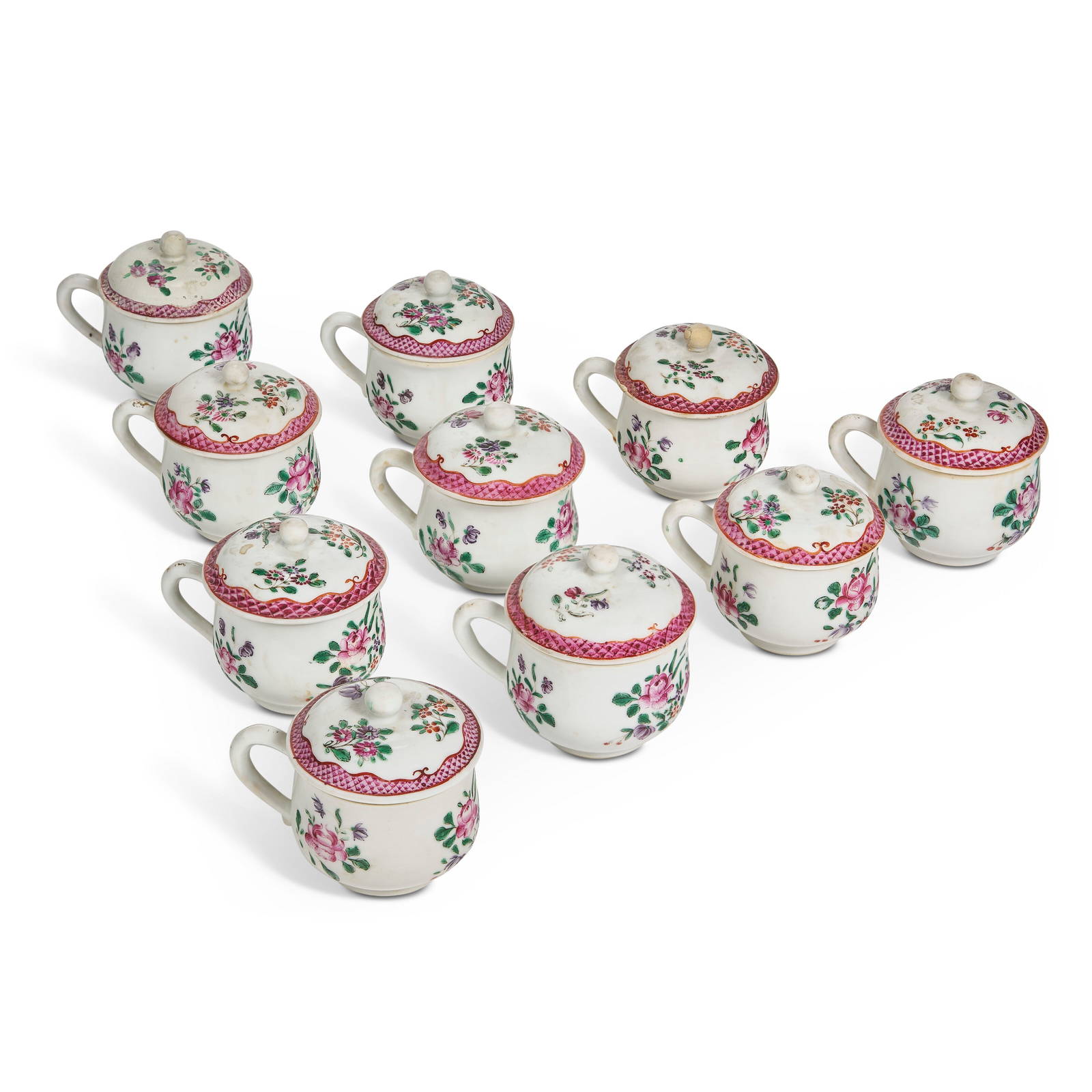 TEN CHINESE EXPORT PORCELAIN FAMILLE ROSE CUSTARD-CUPS AND COVERS QIANLONG PERIOD, CIRCA 1775