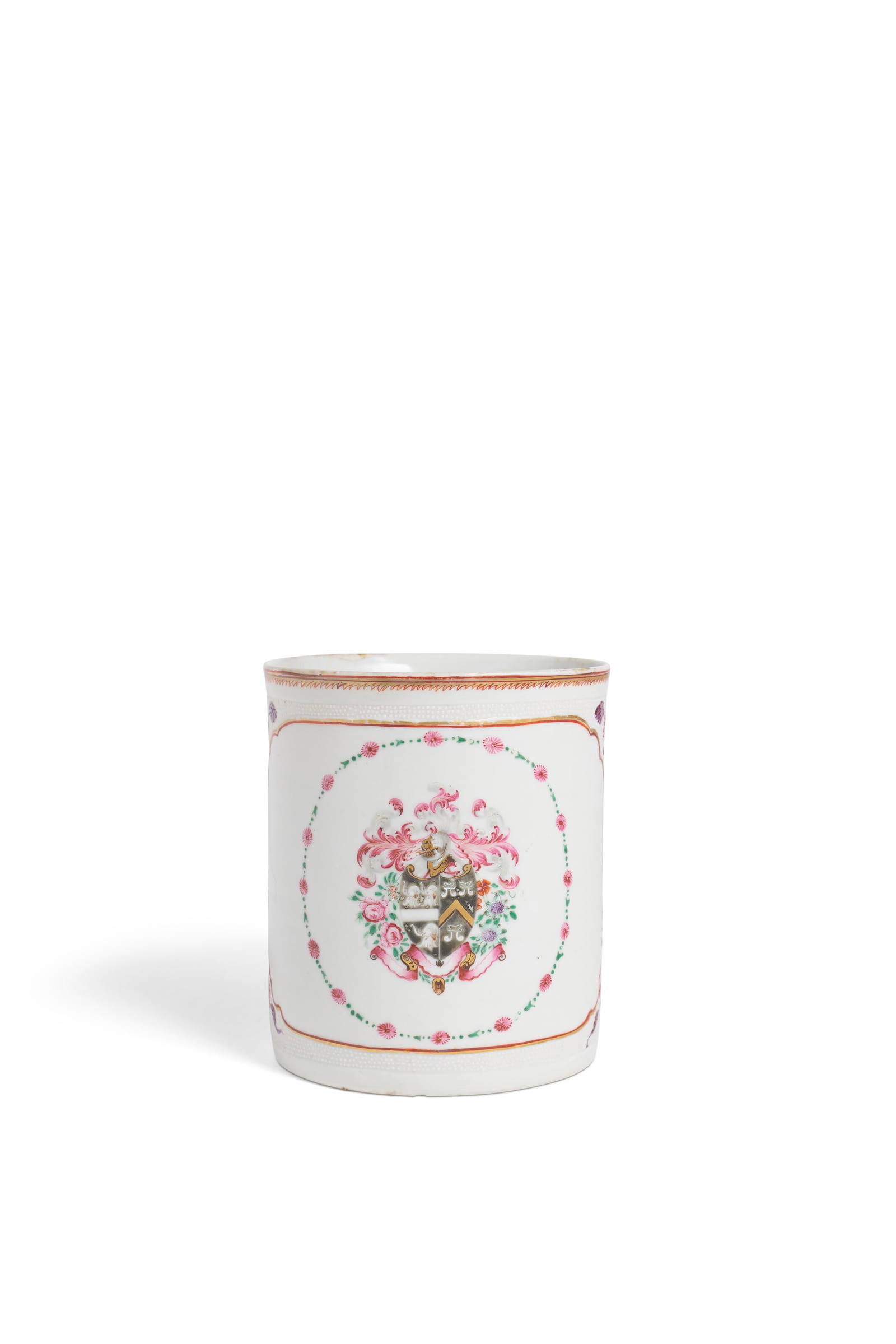 A CHINESE EXPORT PORCELAIN ‘ENGLISH MARKET’ ARMORIAL MUG QIANLONG PERIOD, CIRCA 1780