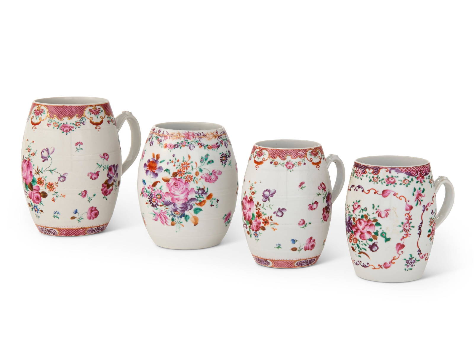 FOUR CHINESE EXPORT PORCELAIN FAMILLE ROSE MUGS QIANLONG PERIOD (1736-1795)