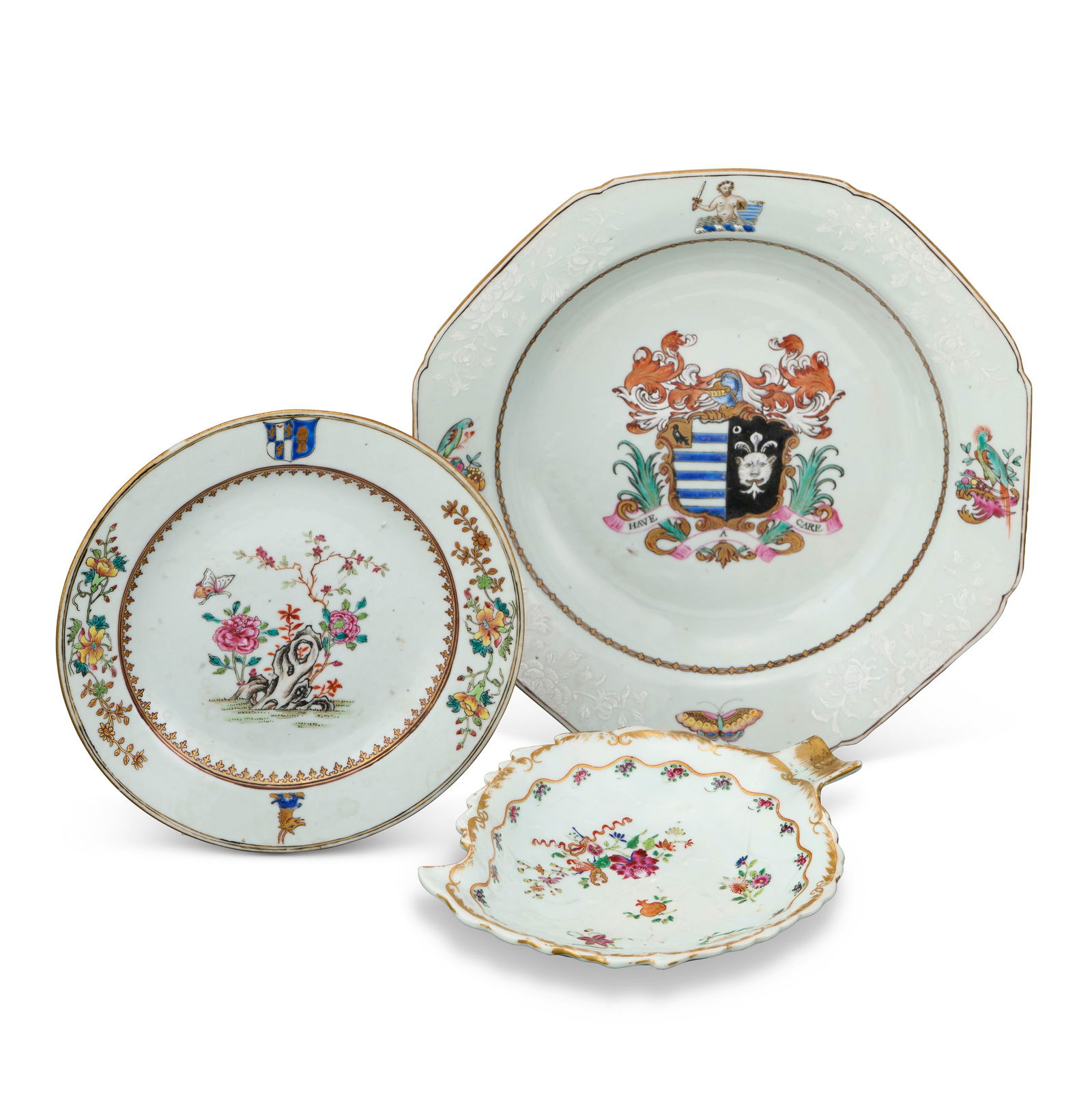 THREE CHINESE EXPORT PORCELAIN ARMORIAL DISHES CIRCA 1755, 1750 AND 1804, RESEPCTIVELY (1 of 3)