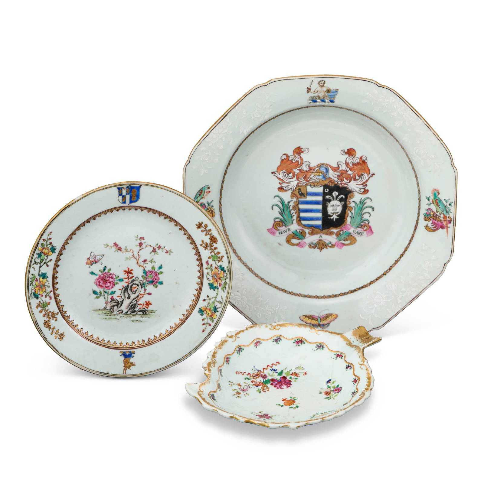 THREE CHINESE EXPORT PORCELAIN ARMORIAL DISHES CIRCA 1755, 1750 AND 1804, RESEPCTIVELY