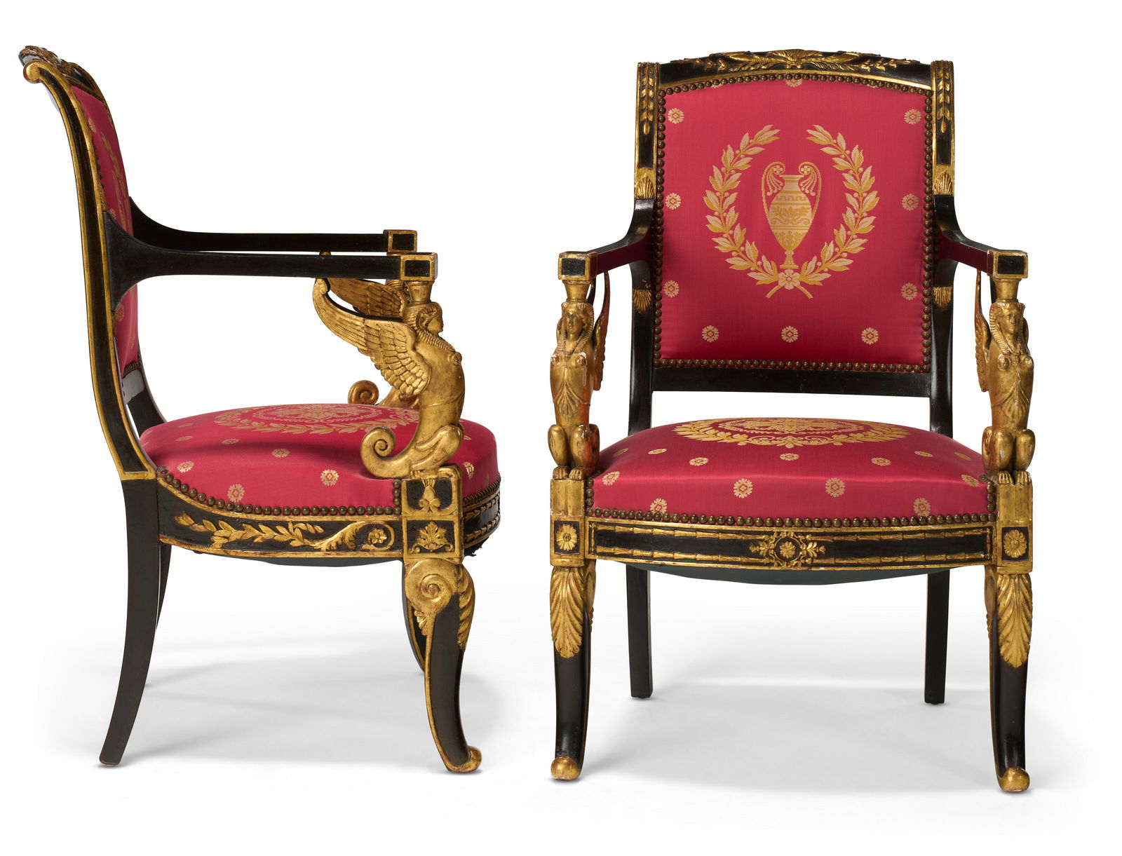 A PAIR OF EMPIRE REVIVAL EBONIZED AND PARCEL-GILT FAUTEUILS LATE 19TH CENTURY (1 of 4)