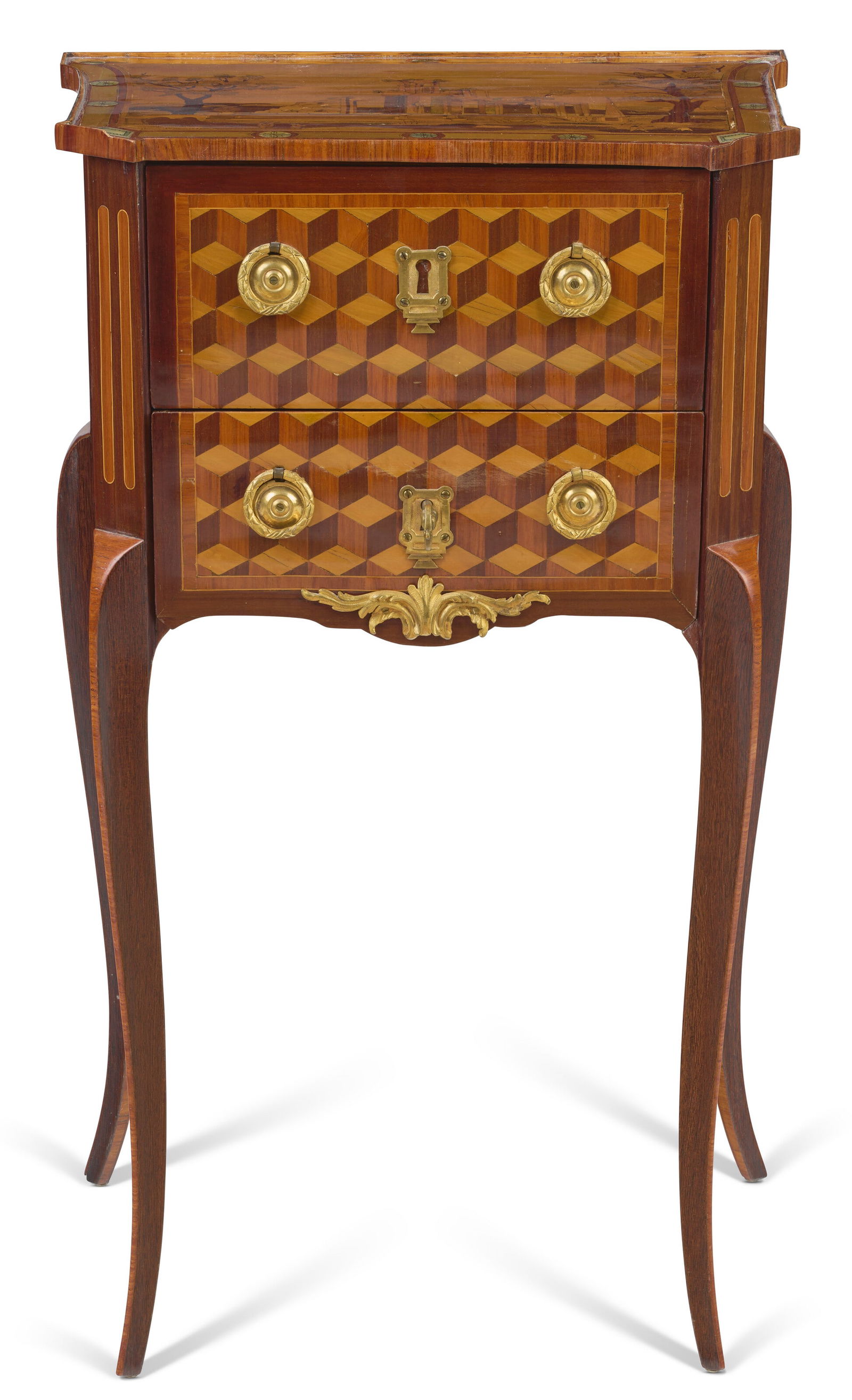 A FRENCH ORMOLU-MOUNTED TULIPWOOD, AMARANTH AND PARQUETRY TABLE EN CHIFFONNIERE THE MARQUETRY PANEL (1 of 4)
