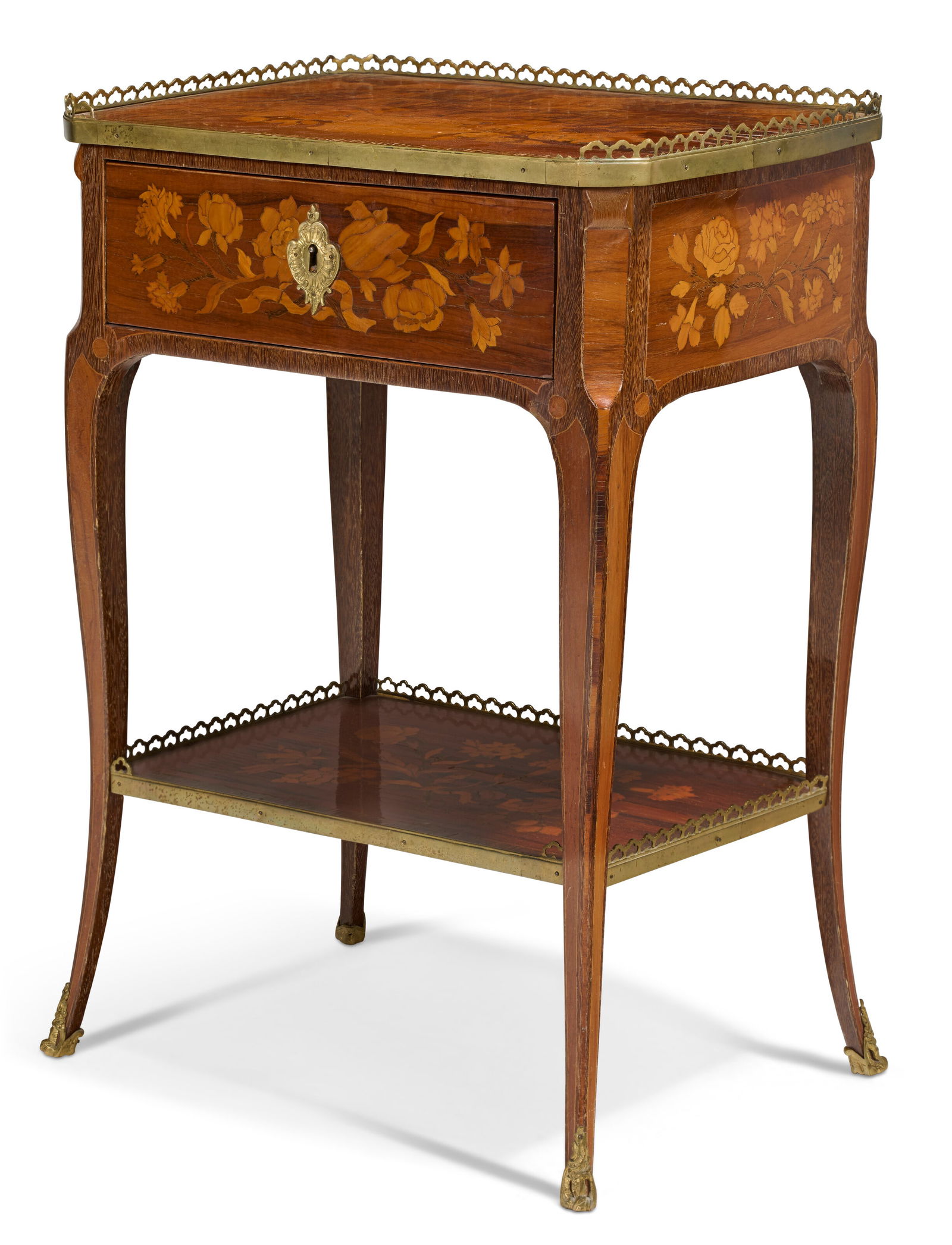 A FRENCH ORMOLU-MOUNTED TULIPWOOD, AMARANTH AND MARQUETRY TABLE A ECRIRE PARTS POSSIBLY 18TH CENTURY: A FRENCH ORMOLU-MOUNTED TULIPWOOD, AMARANTH AND MARQUETRY TABLE A ECRIRE PARTS POSSIBLY 18TH CENTURY Details In the manner of Jacques Dubois, the galleried top canted rectangular with slightly shaped