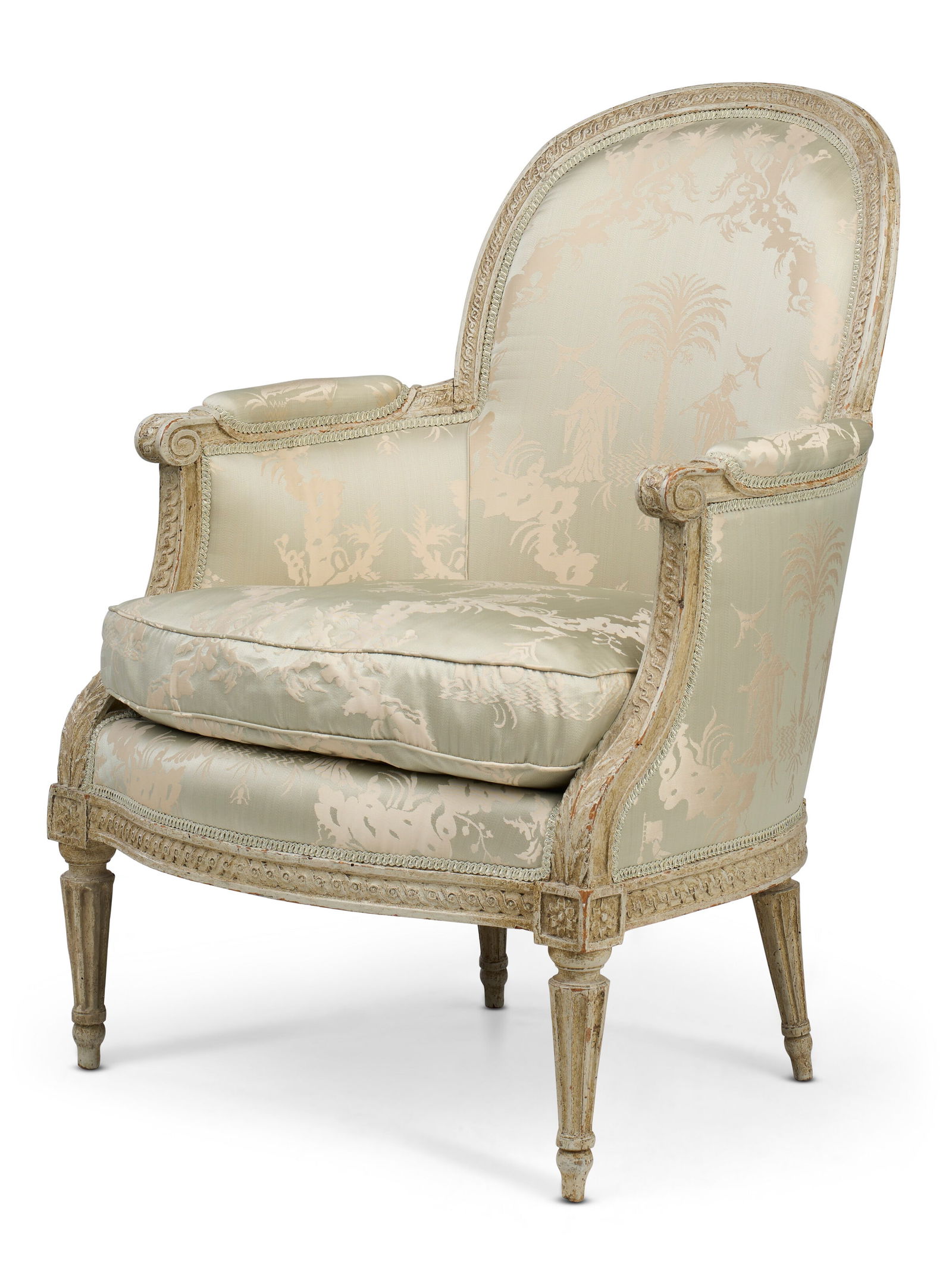 A LOUIS XVI GREY-PAINTED BERGERE BY JEAN-BAPTISE LELARGE, CIRCA 1775 (1 of 5)