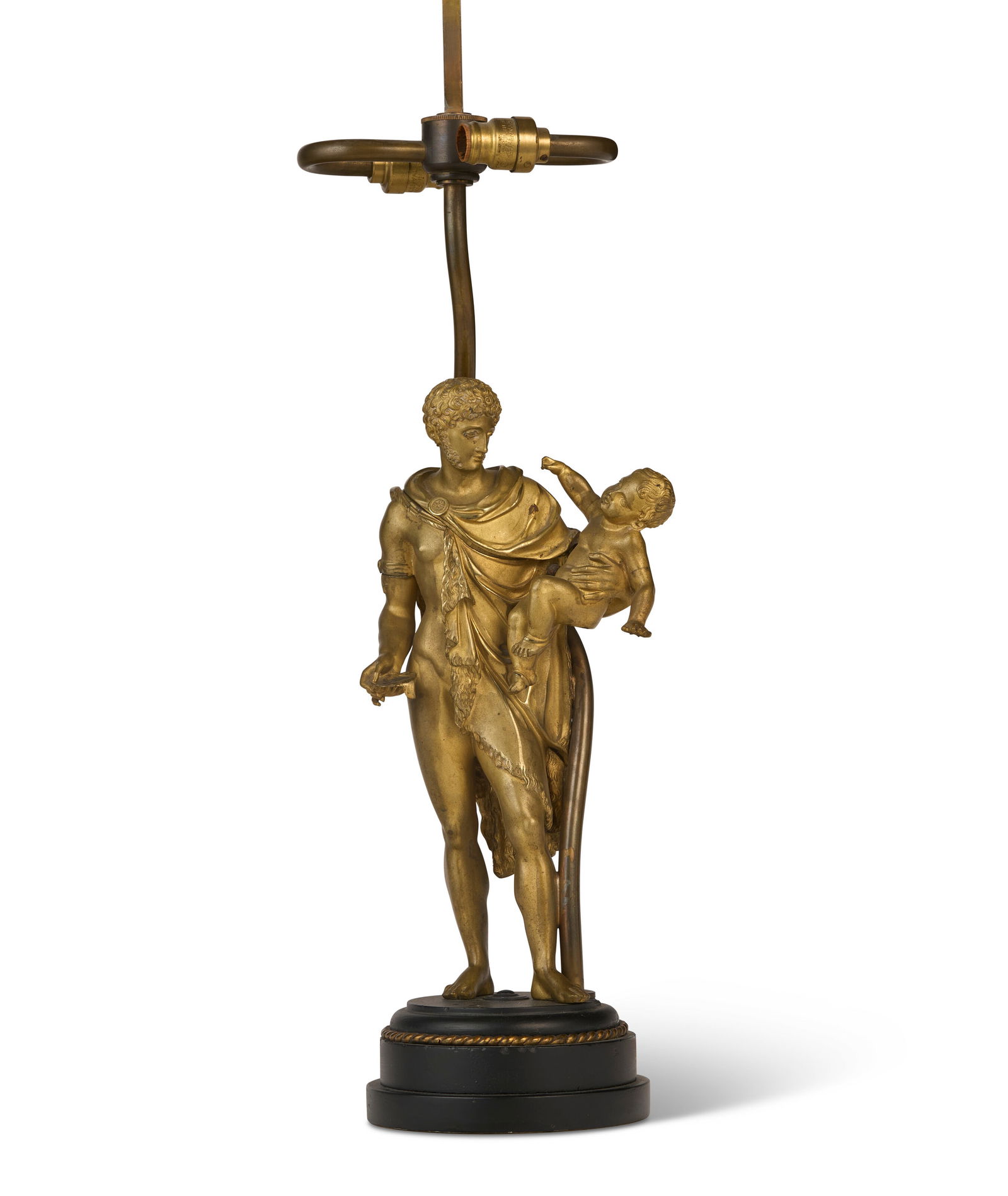 A FRENCH ORMOLU FIGURE OF SILENUS HOLDING THE INFANT BACCHUS, NOW MOUNTED AS A LAMP 19TH CENTURY, (1 of 4)