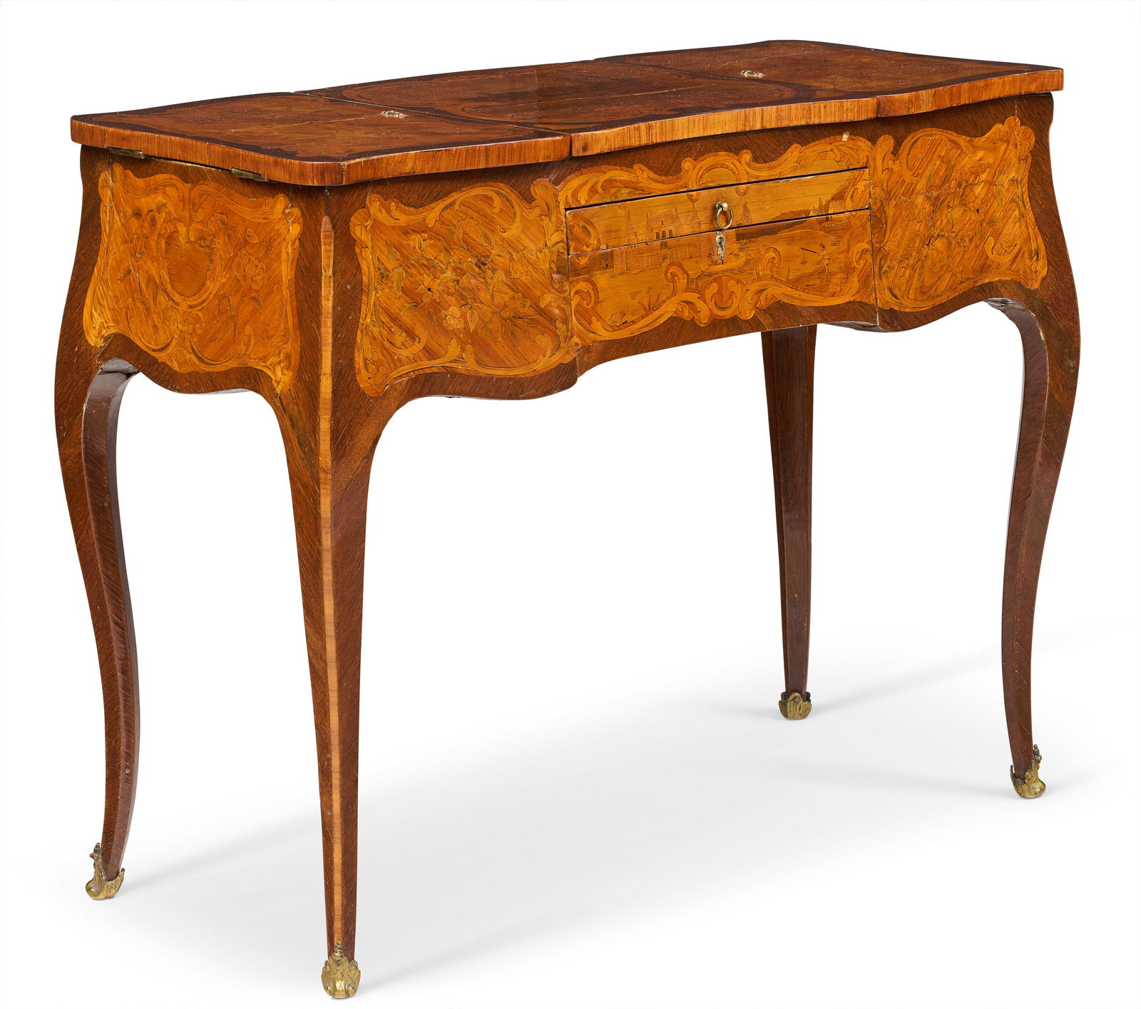 A LOUIS XV-STYLE TULIPWOOD, AMARANTH AND MARQUETRY POUDREUSE LATE 19TH/EARLY 20TH CENTURY: A LOUIS XV-STYLE TULIPWOOD, AMARANTH AND MARQUETRY POUDREUSE LATE 19TH/EARLY 20TH CENTURY Details Decorated overall with floral marquetry and village scenes, the shaped rectangular top with two hinged