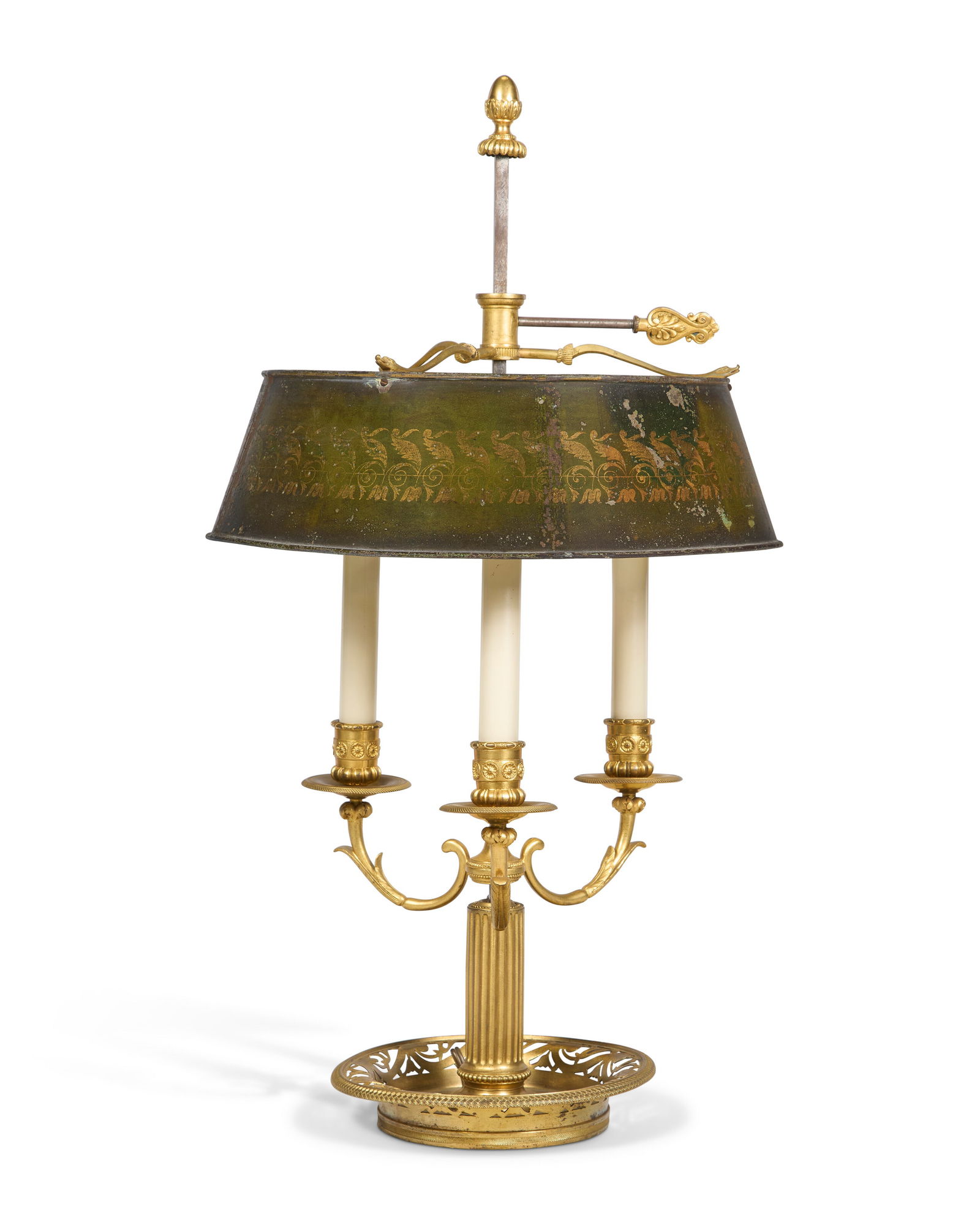 A DIRECTOIRE ORMOLU THREE-LIGHT BOUILLOTTE LAMP CIRCA 1795, THE NOZZLES AND SHADE ASSOCIATED (1 of 3)