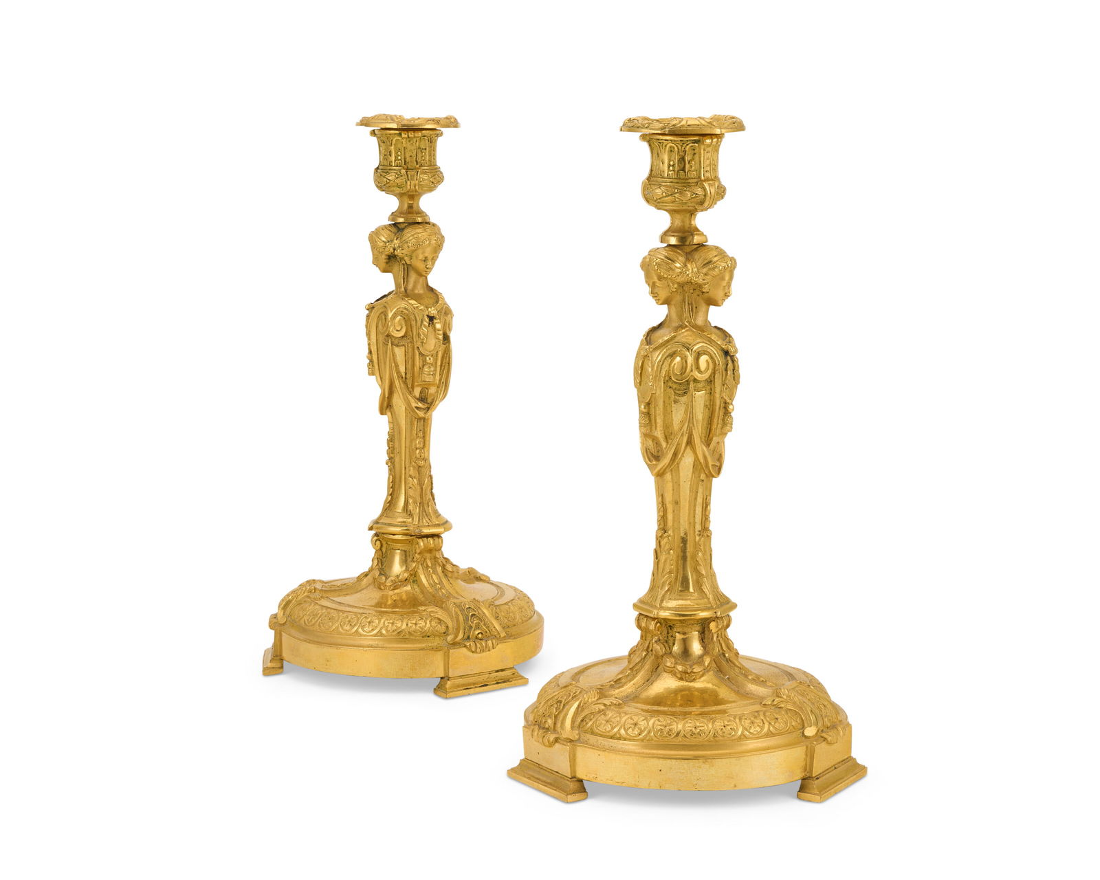 A PAIR OF FRENCH ORMOLU CANDLESTICKS AFTER THE MODEL BY ROBERT-JOSEPH AUGUSTE, 20TH CENTURY (1 of 3)