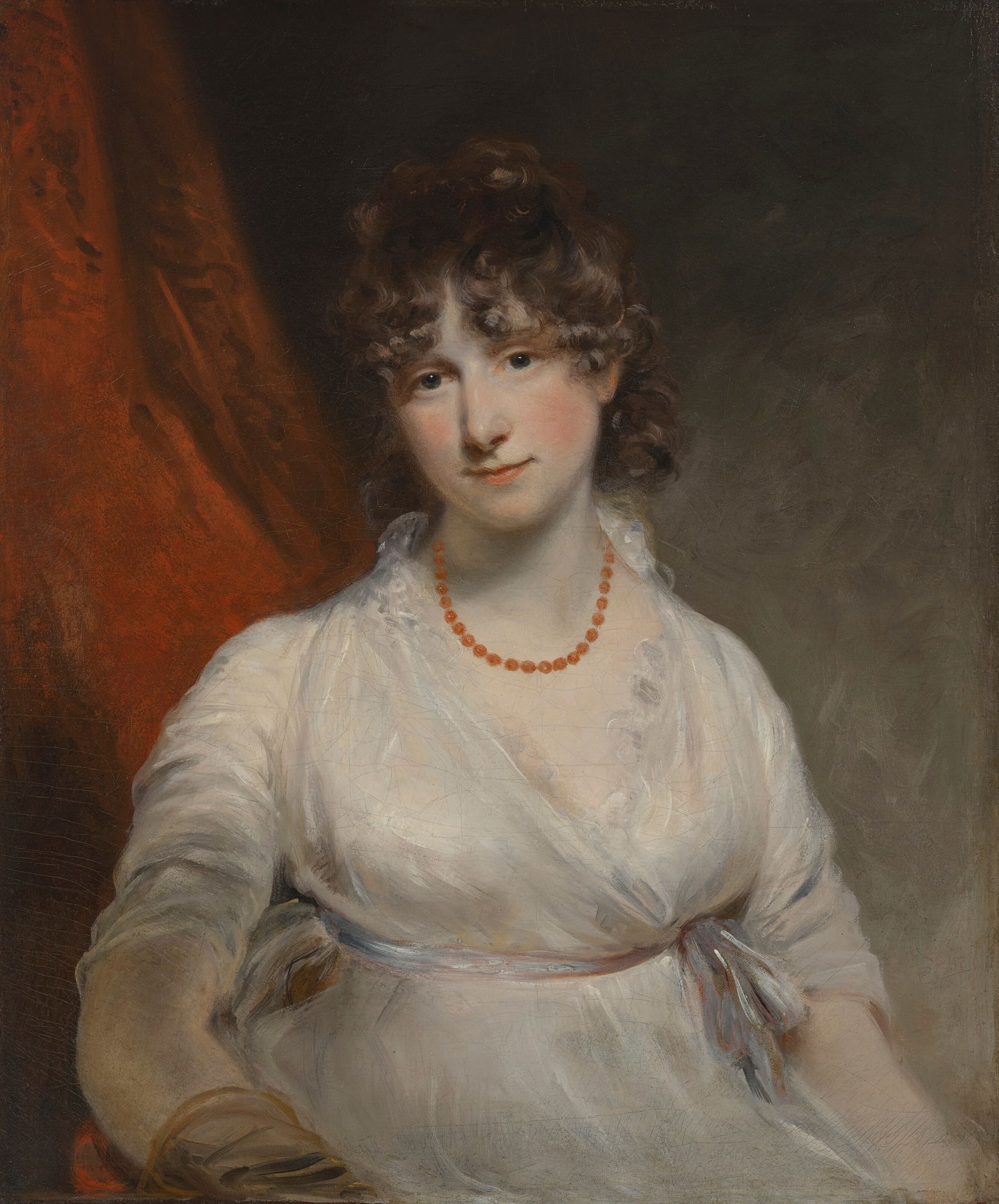 JOHN HOPPNER, R.A. (LONDON 1758-1810) Portrait of the Honorable Arabella Bouverie, later Talbot,: JOHN HOPPNER, R.A. (LONDON 1758-1810) Portrait of the Honorable Arabella Bouverie, later Talbot, née Ogle (1762-1855), half-length, in a white dress, before a red curtain Details JOHN HOPPNER, R.