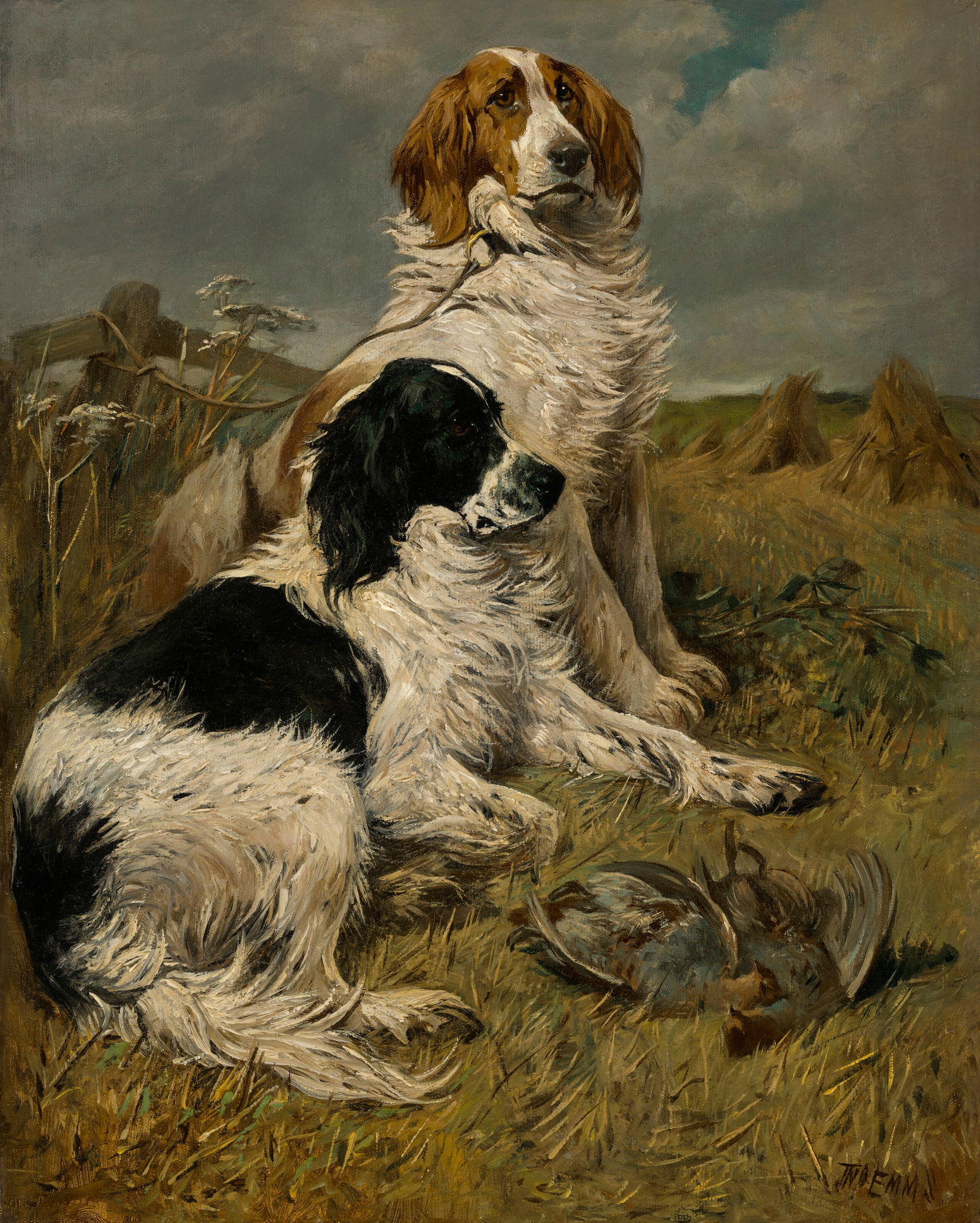 JOHN EMMS (British, 1841-1912) English Setters with a Brace of Partridge: JOHN EMMS (British, 1841-1912) English Setters with a Brace of Partridge Details JOHN EMMS (British, 1841-1912) English Setters with a Brace of Partridge signed 'JNO EMMS' (lower right) oil on canvas