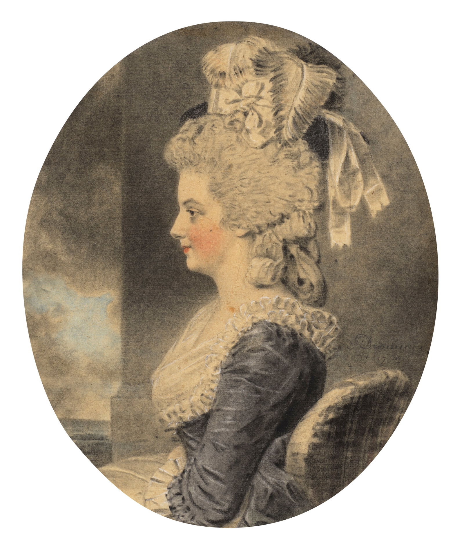 JOHN DOWNMAN, A.R.A. (RUABON, WALES 1750-1824 WREXHAM) Portrait of Eliza Pulleine, daughter of Henry: JOHN DOWNMAN, A.R.A. (RUABON, WALES 1750-1824 WREXHAM) Portrait of Eliza Pulleine, daughter of Henry Pulleine of Carleton Hall, small half-length, in a black dress and hat with black and white ostrich