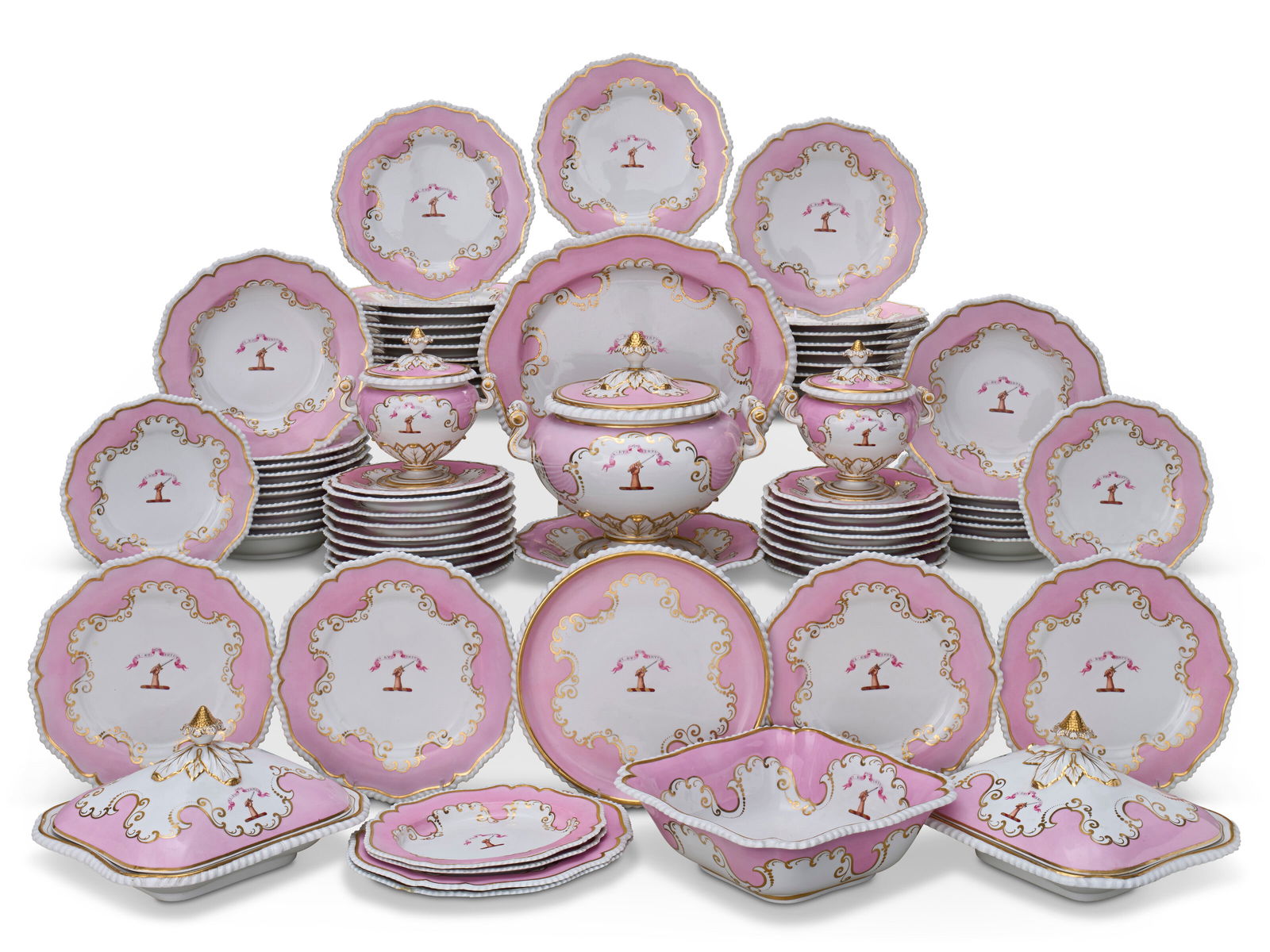 A WORCESTER (FLIGHT, BARR & BARR) PORCELAIN PINK-GROUND ARMORIAL PART SERVICE CIRCA 1813-1819, (1 of 7)