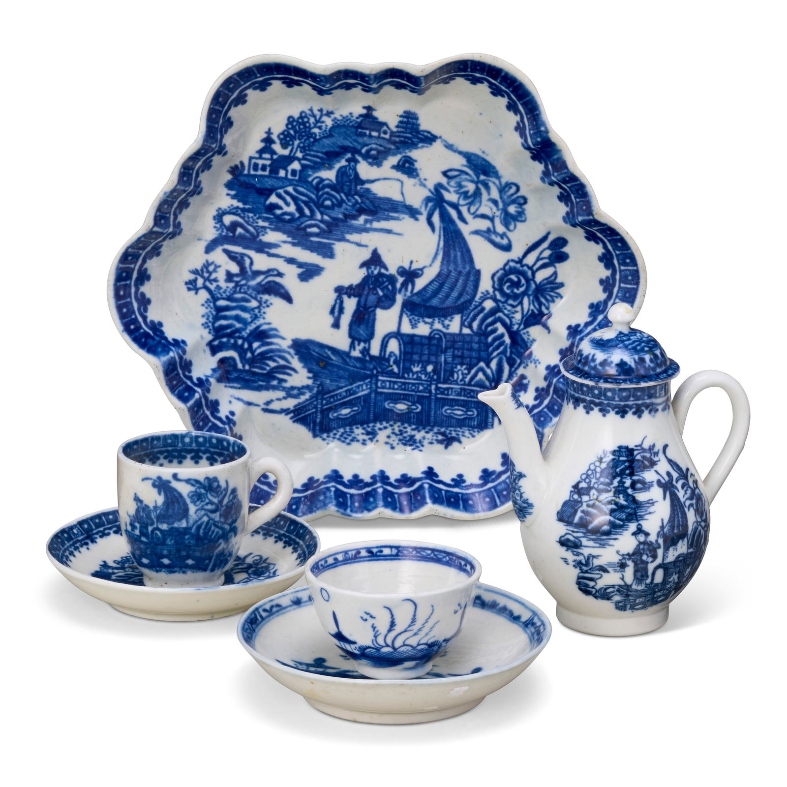 A GROUP OF ENGLISH PORCELAIN CHINOISERIE BLUE AND WHITE TEAWARES LATE 18TH CENTURY (1 of 4)