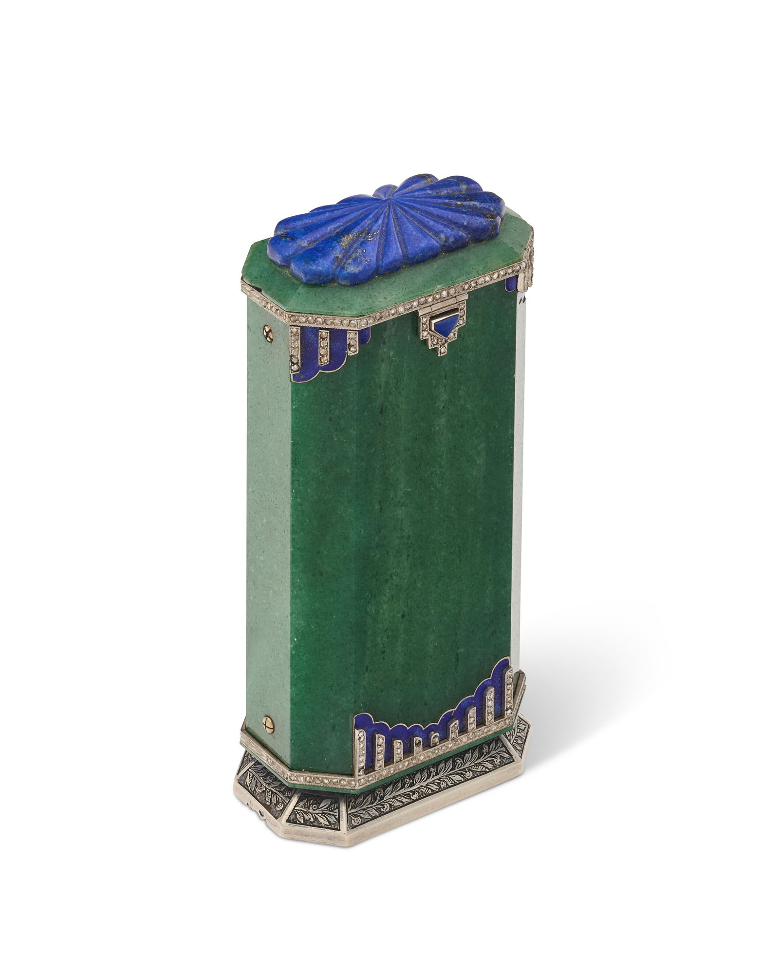A FRENCH ART DECO JEWELED AND HARDSTONE GOLD AND SILVER MOUNTED SMOKER'S COMPANION PROBABLY BY (1 of 3)