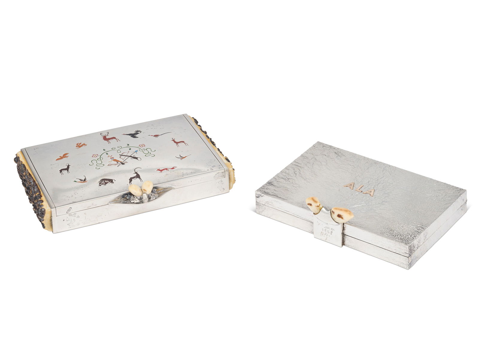 AN AUSTRIAN ENAMELED AND ANTLER-MOUNTED SILVER CIGARETTE CASE AND A SILVER MINAUDIERE THE CIGARETTE (1 of 5)