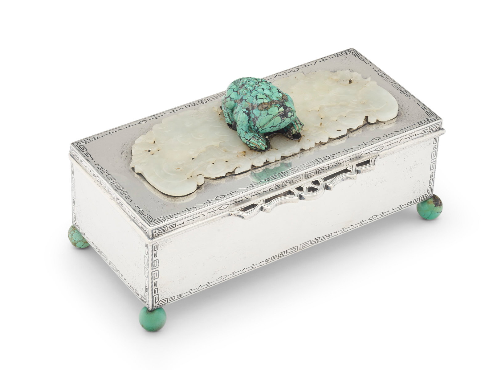 AN AMERICAN JADE AND TURQUOISE-MOUNTED SILVER CIGAR BOX MARK OF EDWARD I. FARMER, NEW YORK, CIRCA: AN AMERICAN JADE AND TURQUOISE-MOUNTED SILVER CIGAR BOX MARK OF EDWARD I. FARMER, NEW YORK, CIRCA 1920 Details Rectangular with engraved key pattern borders, the cover mounted with large gray jade pan