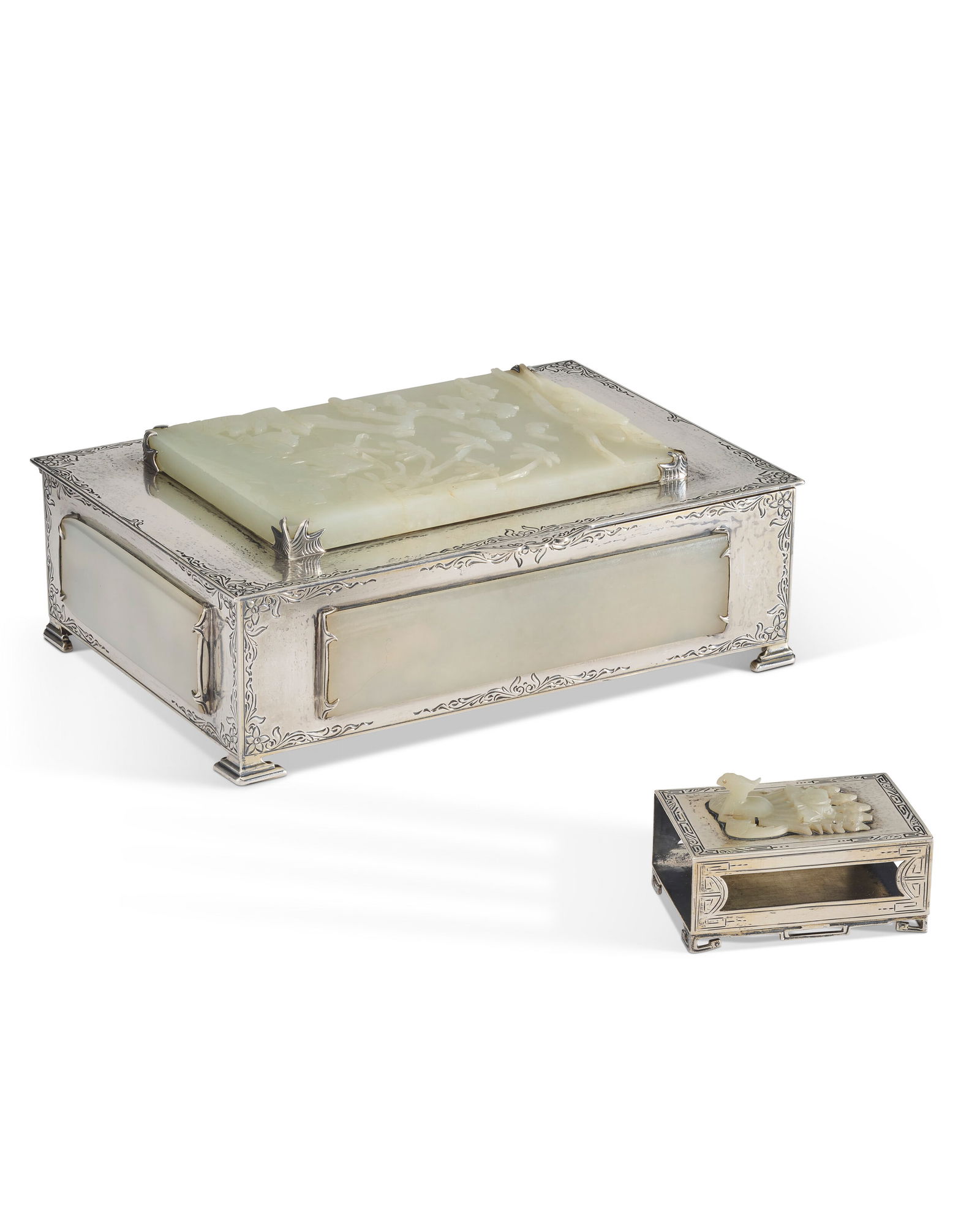 AN AMERICAN JADE-MOUNTED SILVER CIGAR BOX AND SIMILAR MATCHBOX HOLDER MARK OF EDWARD I. FARMER, NEW (1 of 4)
