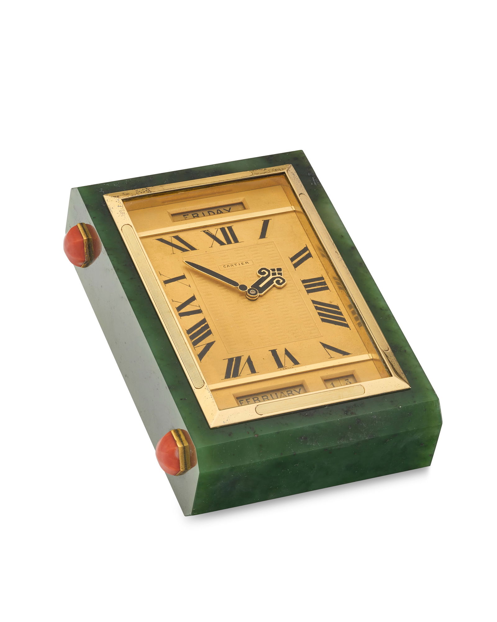 A CARTIER ART DECO GILT-METAL AND CORAL-MOUNTED NEPHRITE PAPERWEIGHT CLOCK AND CALENDAR PARIS, LATE: A CARTIER ART DECO GILT-METAL AND CORAL-MOUNTED NEPHRITE PAPERWEIGHT CLOCK AND CALENDAR PARIS, LATE 1920S Details Rectangular with cut corners, the sides mounted with hexagonal coral cabochons, the en