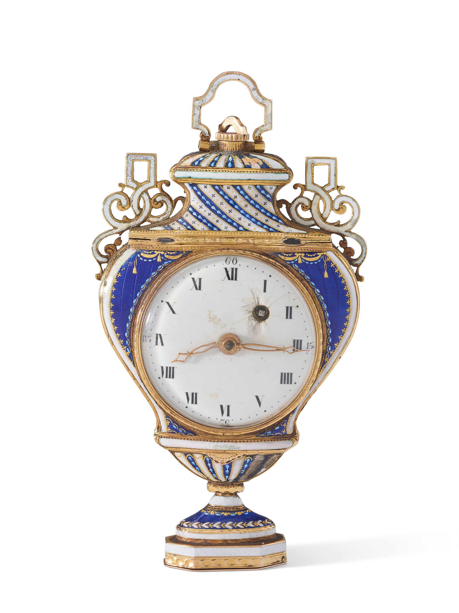 A SWISS ENAMELED GOLD PENDANT WATCH AND SCENT FLASK CIRCA 1800: A SWISS ENAMELED GOLD PENDANT WATCH AND SCENT FLASK CIRCA 1800 Details Of flattened urn form, enameled overall in blue and white, with scrolled handles, the front with a white enamel dial with black r