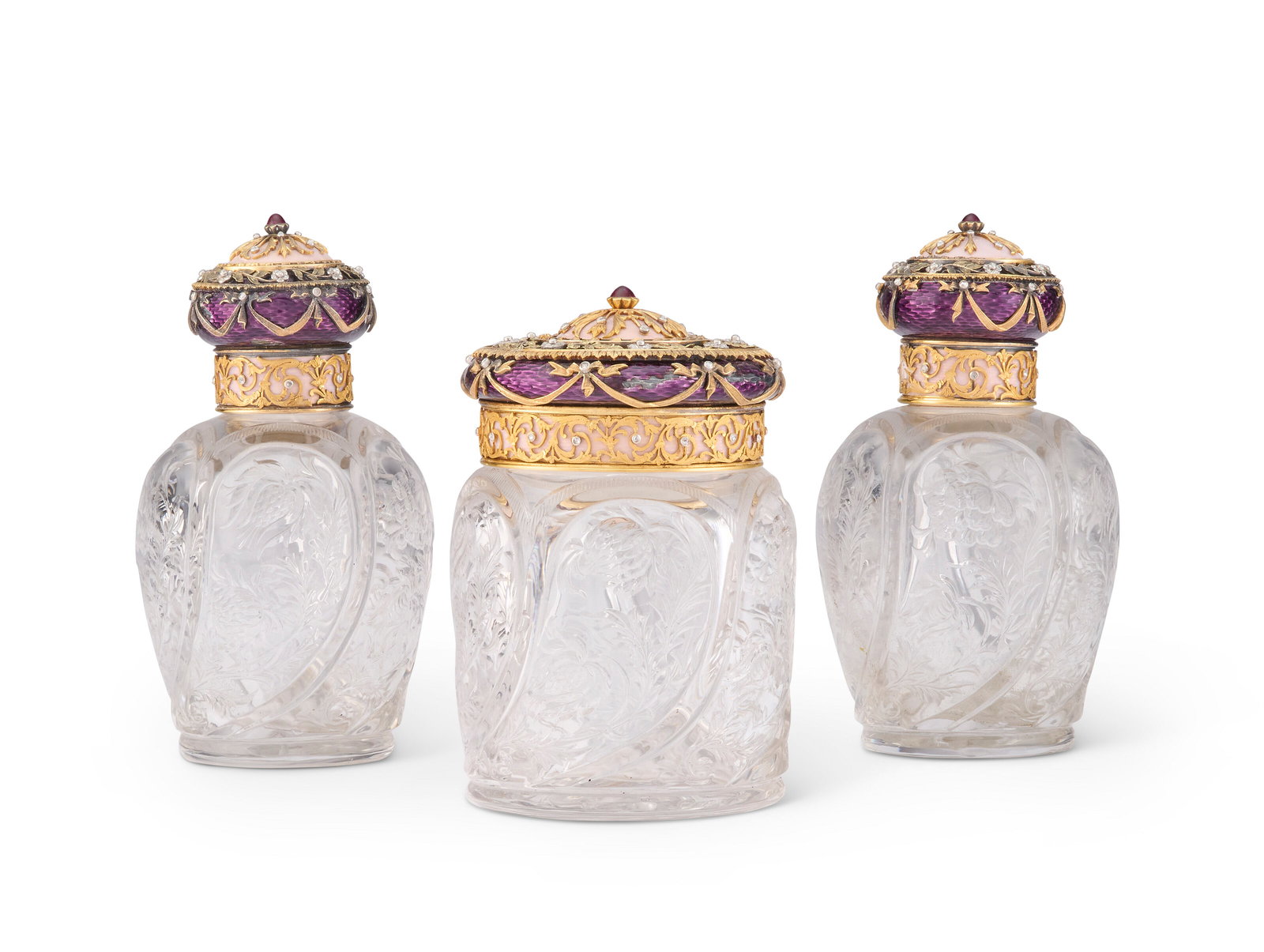 A SET OF THREE CONTINENTAL JEWELED AND ENAMELED GOLD-MOUNTED CUT GLASS COSMETIC CONTAINERS PROBABLY (1 of 2)