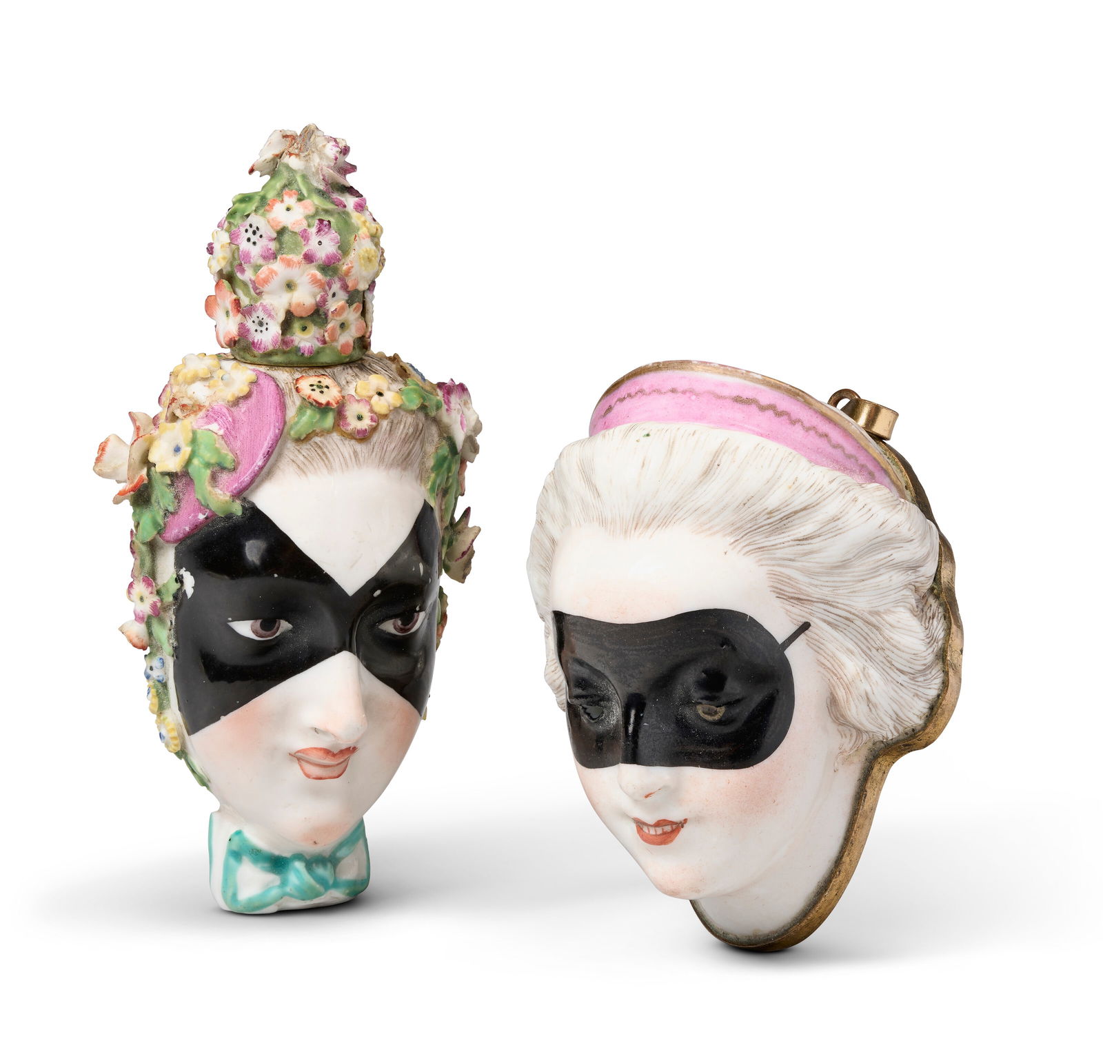 A CHELSEA PORCELAIN JANUS-HEADED MASKED SCENT-BOTTLE AND A GILT-METAL MOUNTED CONTINENTAL (1 of 11)