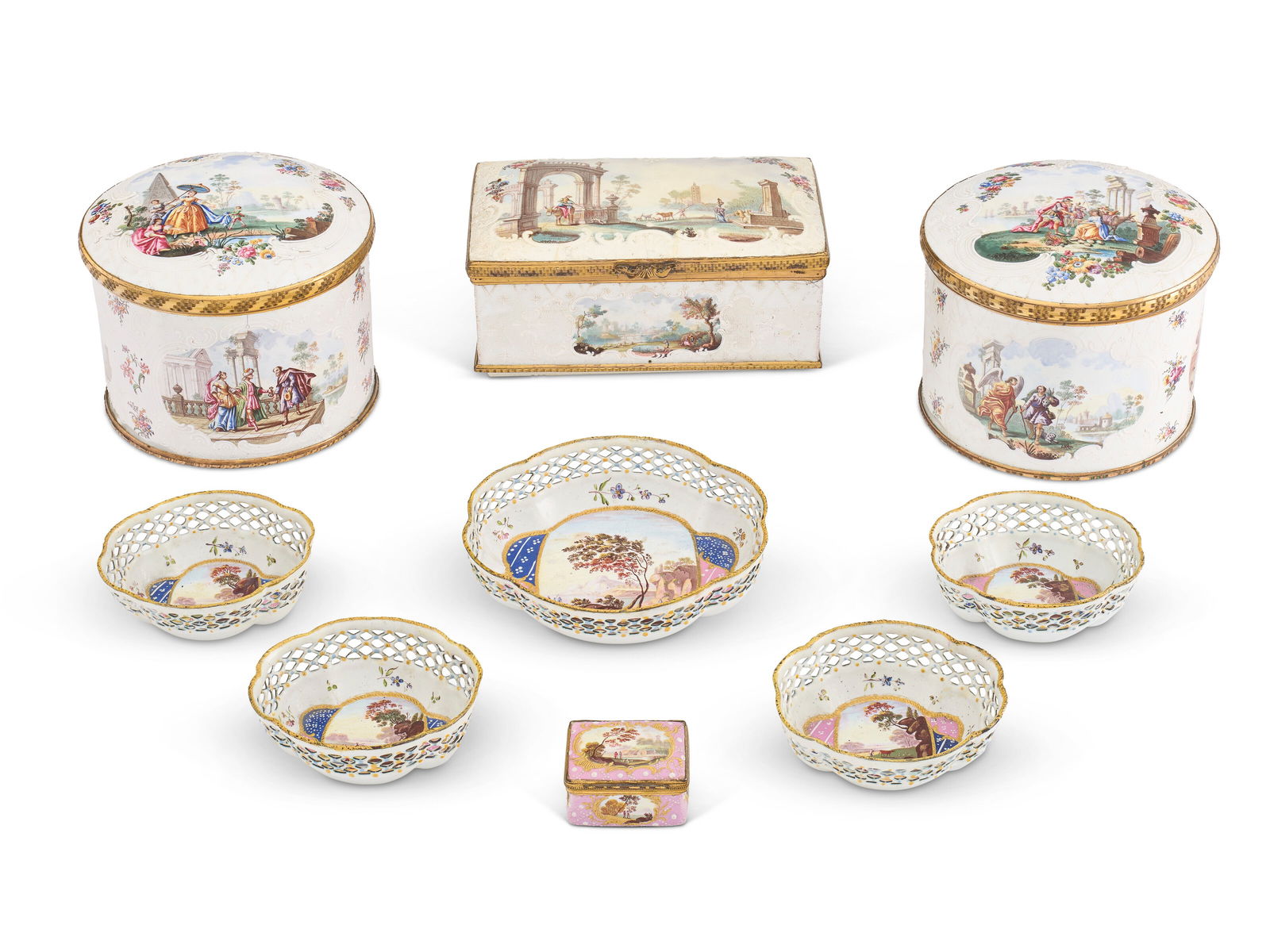 A GROUP OF GEORGE III ENAMEL WARES LONDON OR SOUTH STAFFORDSHIRE, CIRCA 1770 (1 of 5)
