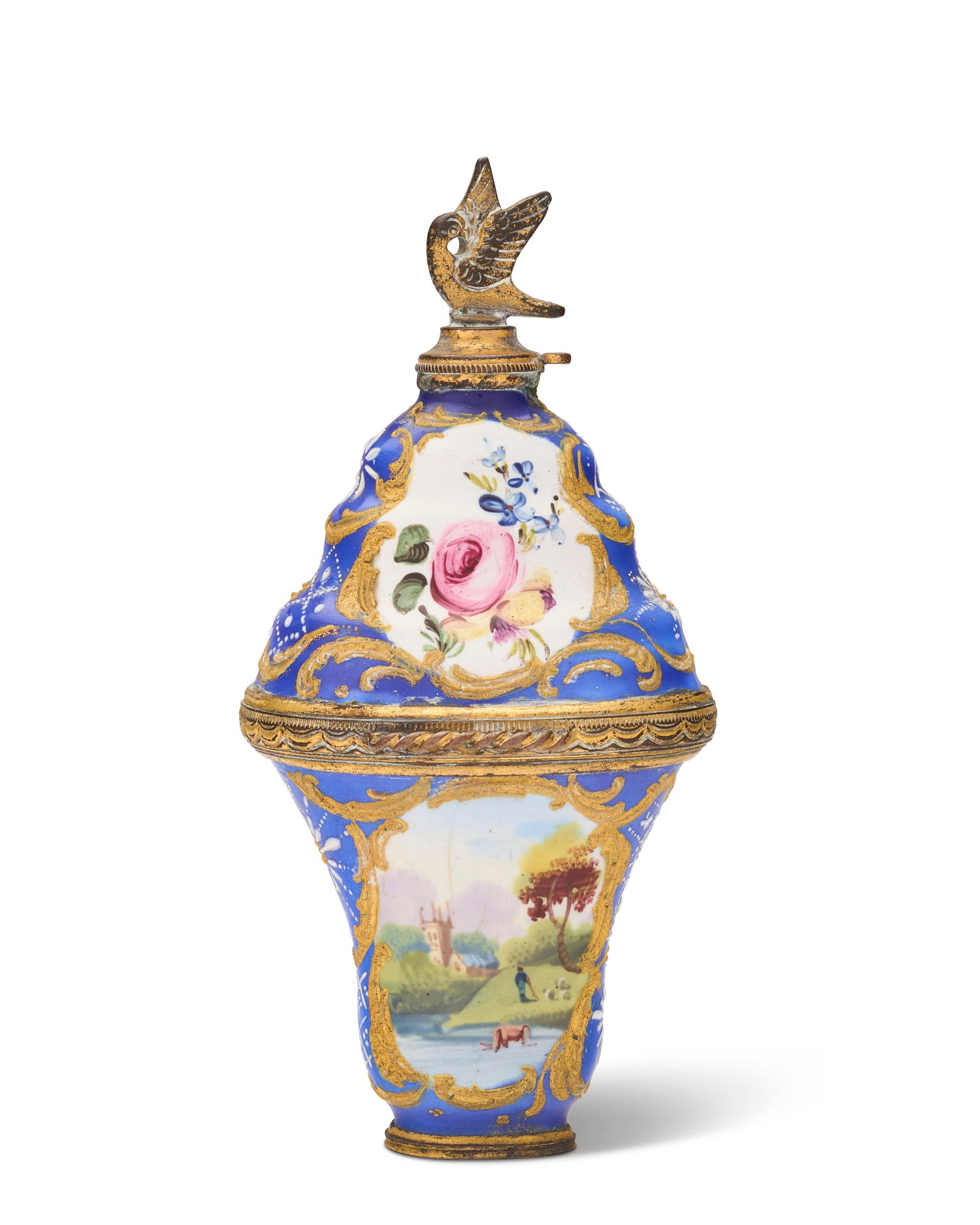 A GEORGE III GILT-METAL MOUNTED ENAMEL SCENT BOTTLE PROBABLY SOUTH STAFFORDSHIRE, CIRCA 1760-65 (1 of 2)