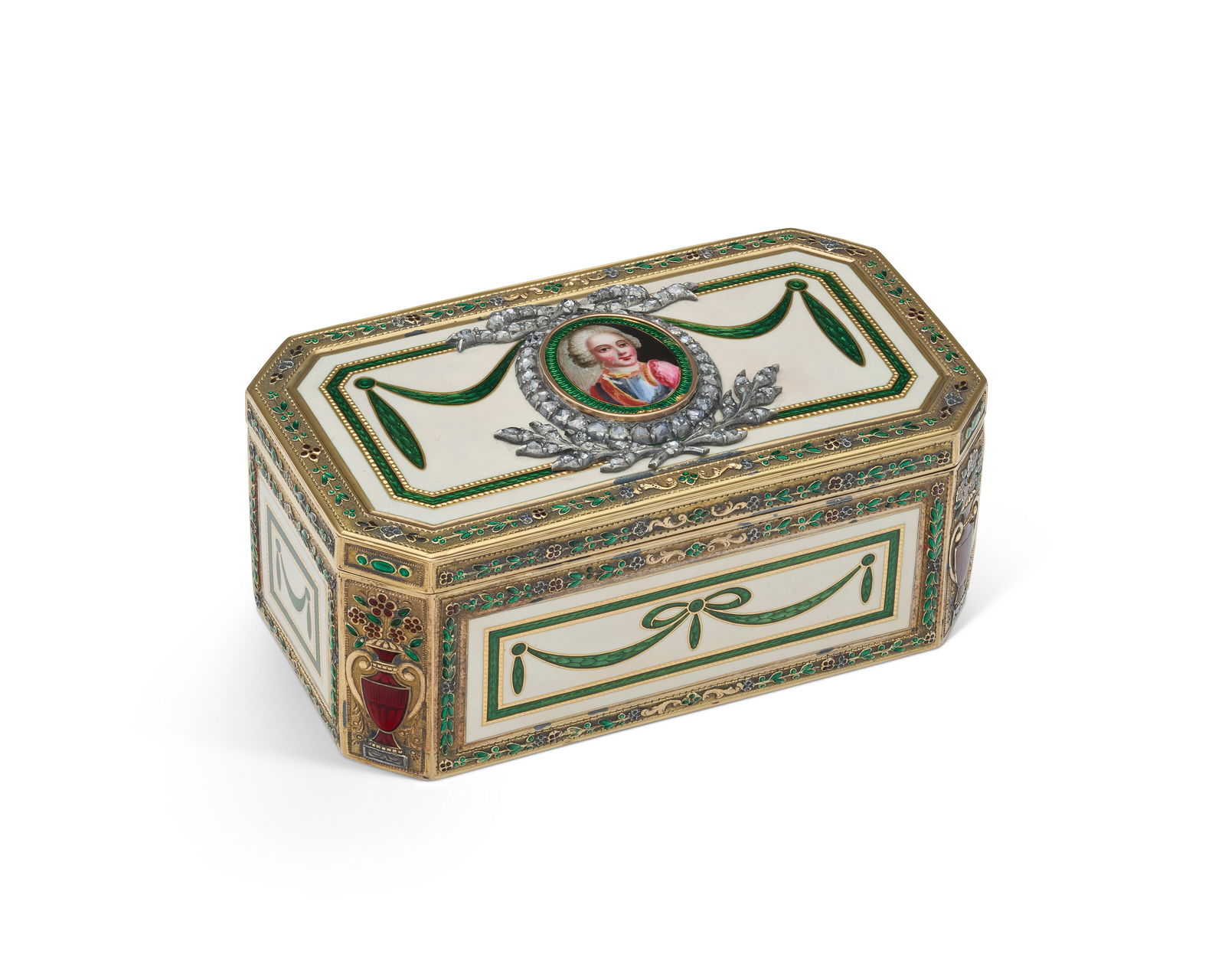 A FRENCH JEWELED AND ENAMELED GOLD SNUFF-BOX PARIS, CIRCA 1880-1890 (1 of 3)