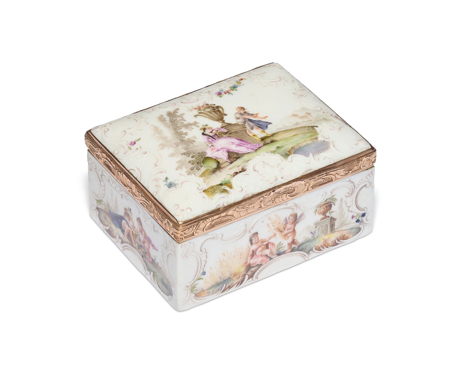 A GOLD-MOUNTED GERMAN PORCELAIN RECTANGULAR SNUFF-BOX AND COVER CIRCA 1770-1775, PROBABLY BERLIN (1 of 5)