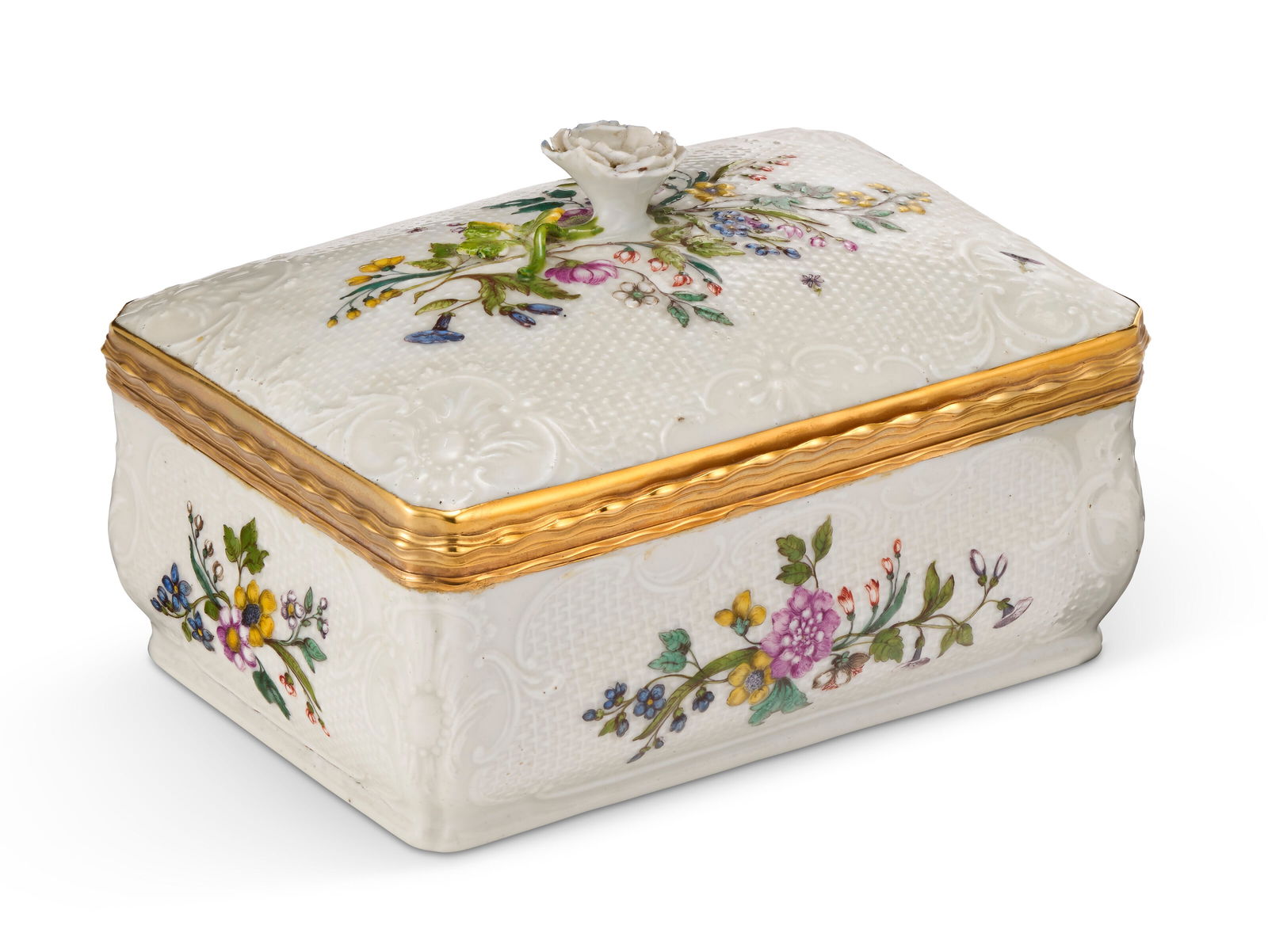 A GOLD-MOUNTED MEISSEN PORCELAIN RECTANGULAR TOBACCO-BOX AND TAMPER PROBABLY MID-18TH CENTURY (1 of 4)