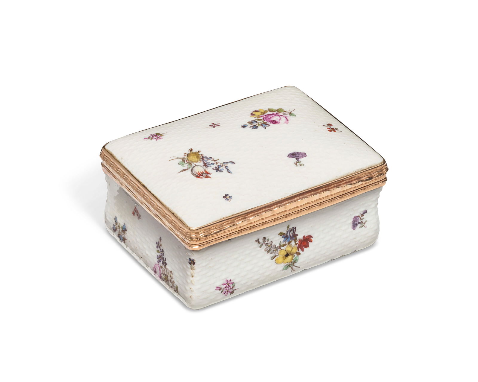 A GOLD-MOUNTED MEISSEN PORCELAIN SNUFF-BOX AND COVER CIRCA 1750 (1 of 5)