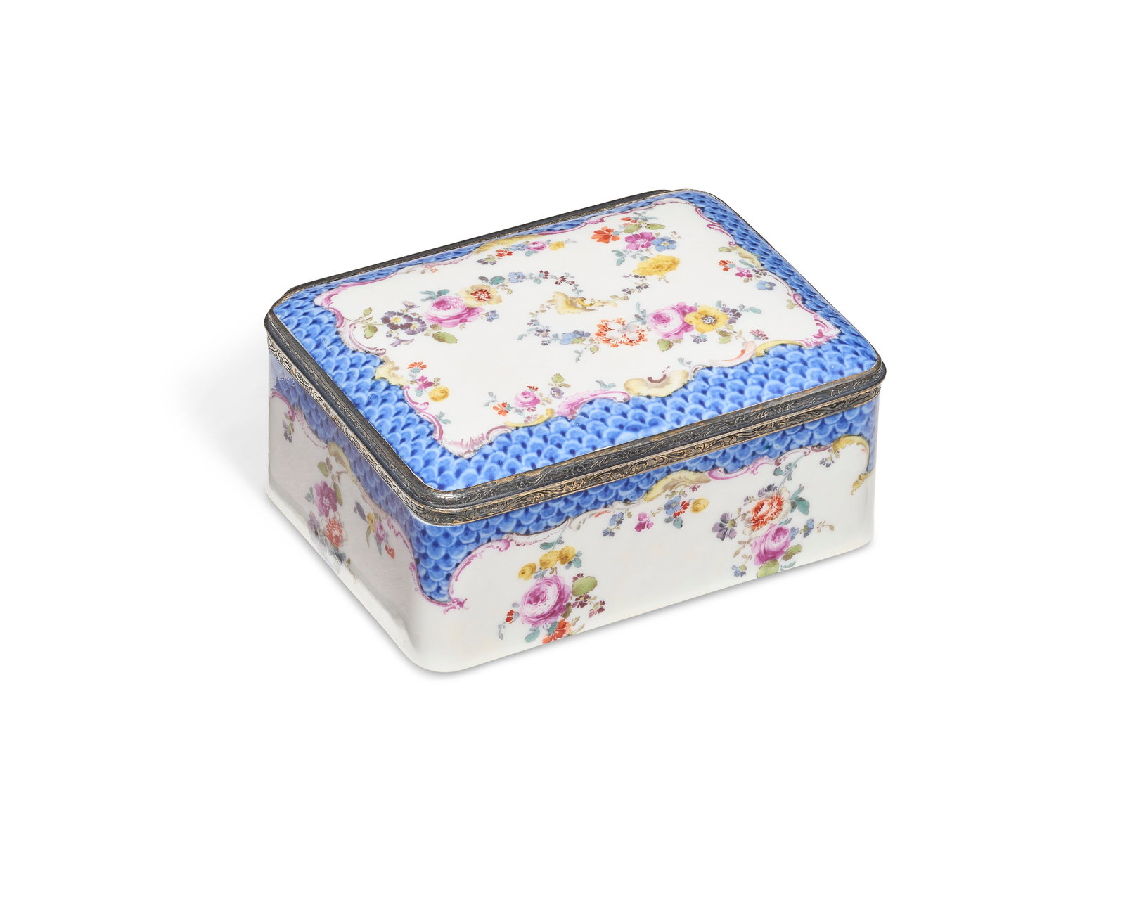 A SILVER-GILT MOUNTED MEISSEN PORCELAIN 'BLUE-SCALE' RECTANGULAR TOPOGRAPHICAL SNUFF-BOX AND COVER (1 of 5)