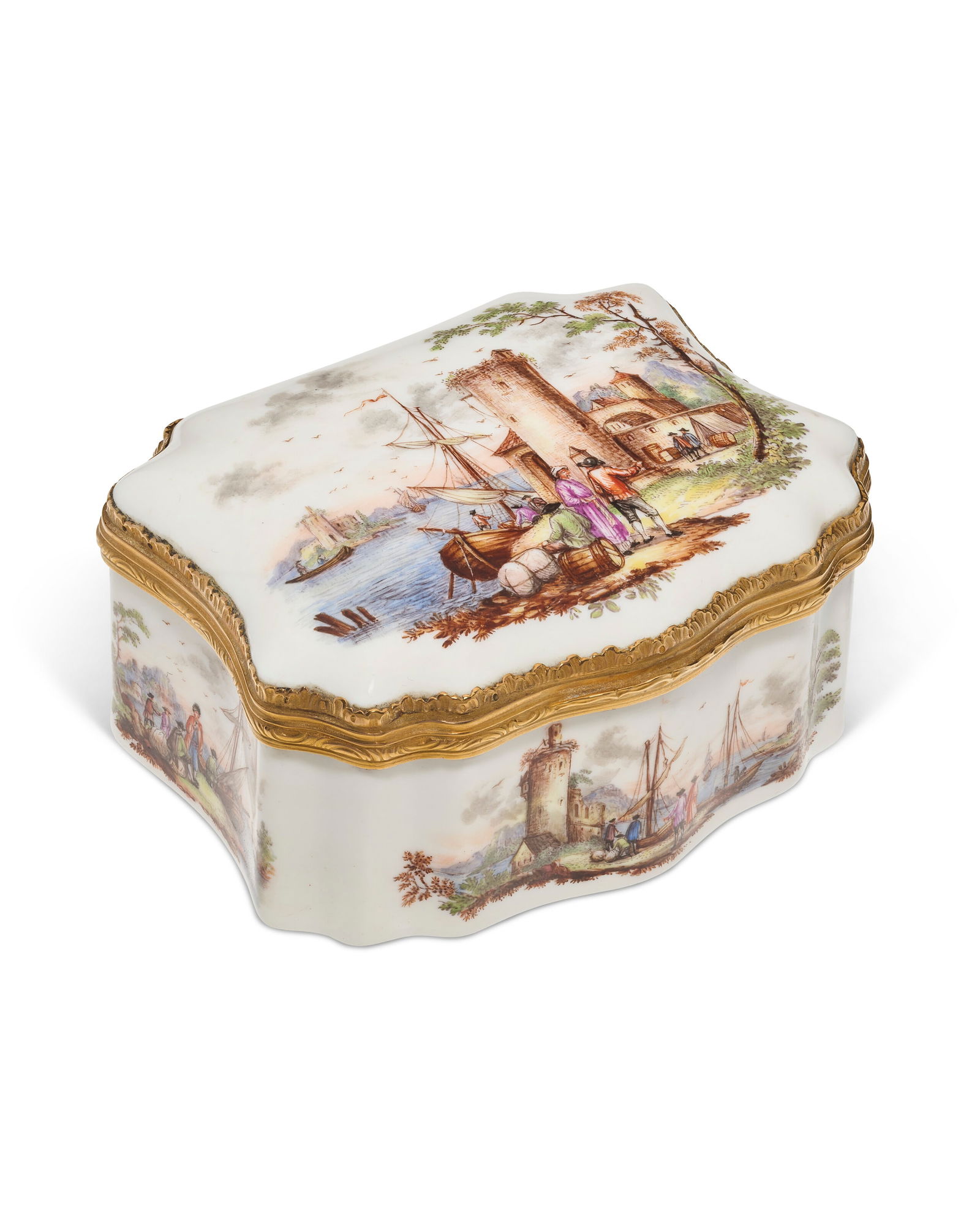 A GOLD-MOUNTED GERMAN PORCELAIN SHAPED SNUFF-BOX AND COVER 19TH CENTURY (1 of 5)